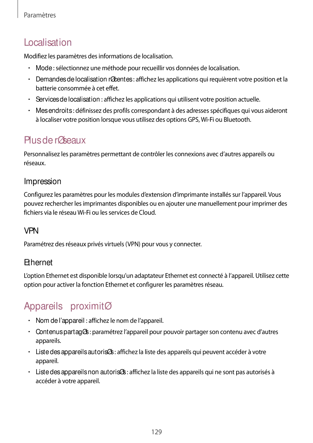 Samsung SM-T320NZKAXEF, SM-T320XZWAXEF manual Localisation, Plus de réseaux, Appareils à proximité, Impression, Ethernet 