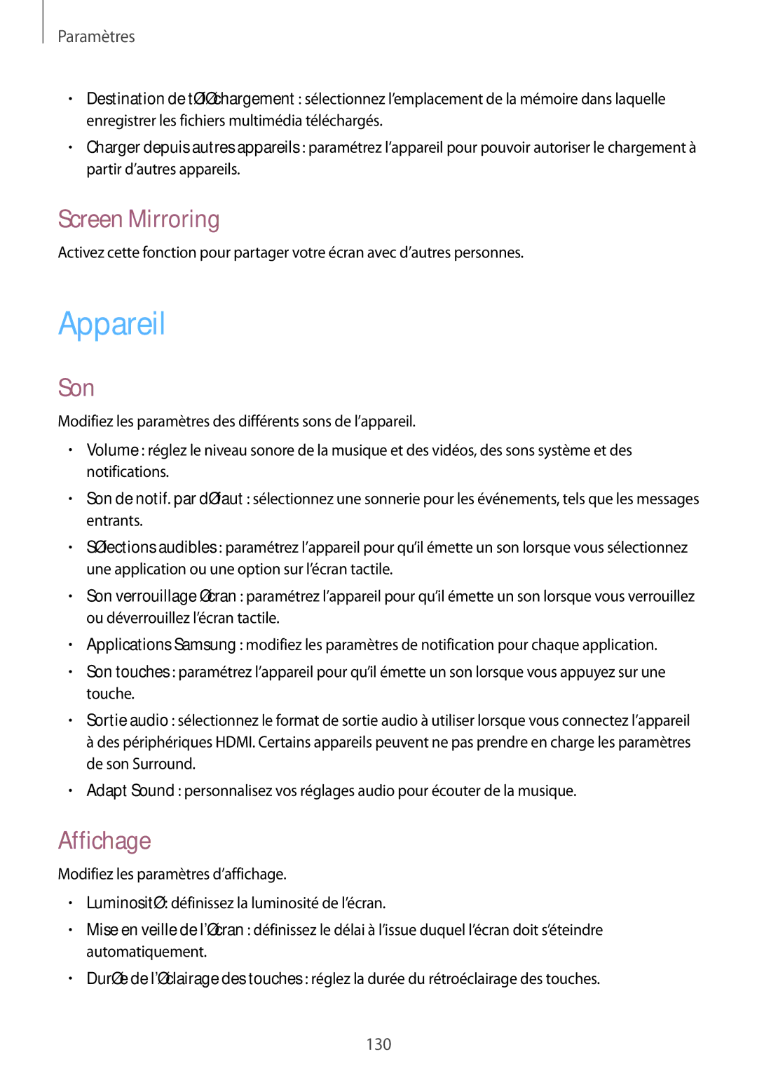 Samsung SM-T320XZWAXEF, SM-T320NZKAXEF, SM-T320NZWAXEF manual Appareil, Screen Mirroring, Son, Affichage 