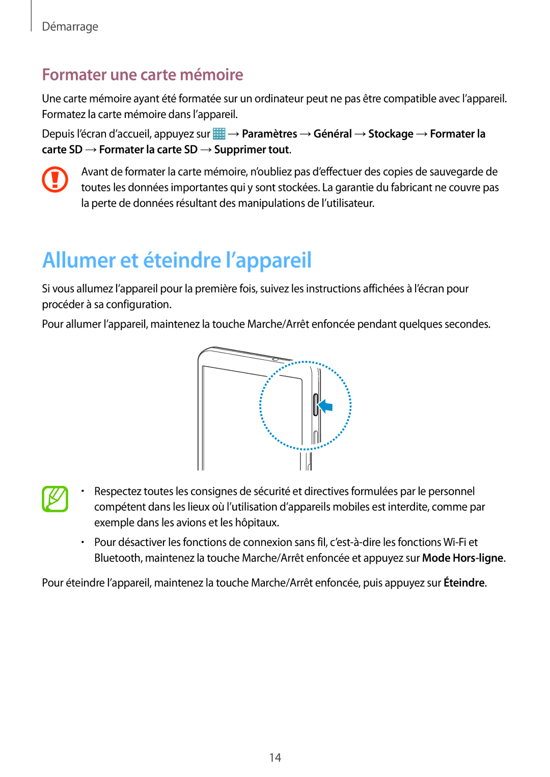 Samsung SM-T320NZWAXEF, SM-T320NZKAXEF, SM-T320XZWAXEF manual Allumer et éteindre l’appareil, Formater une carte mémoire 