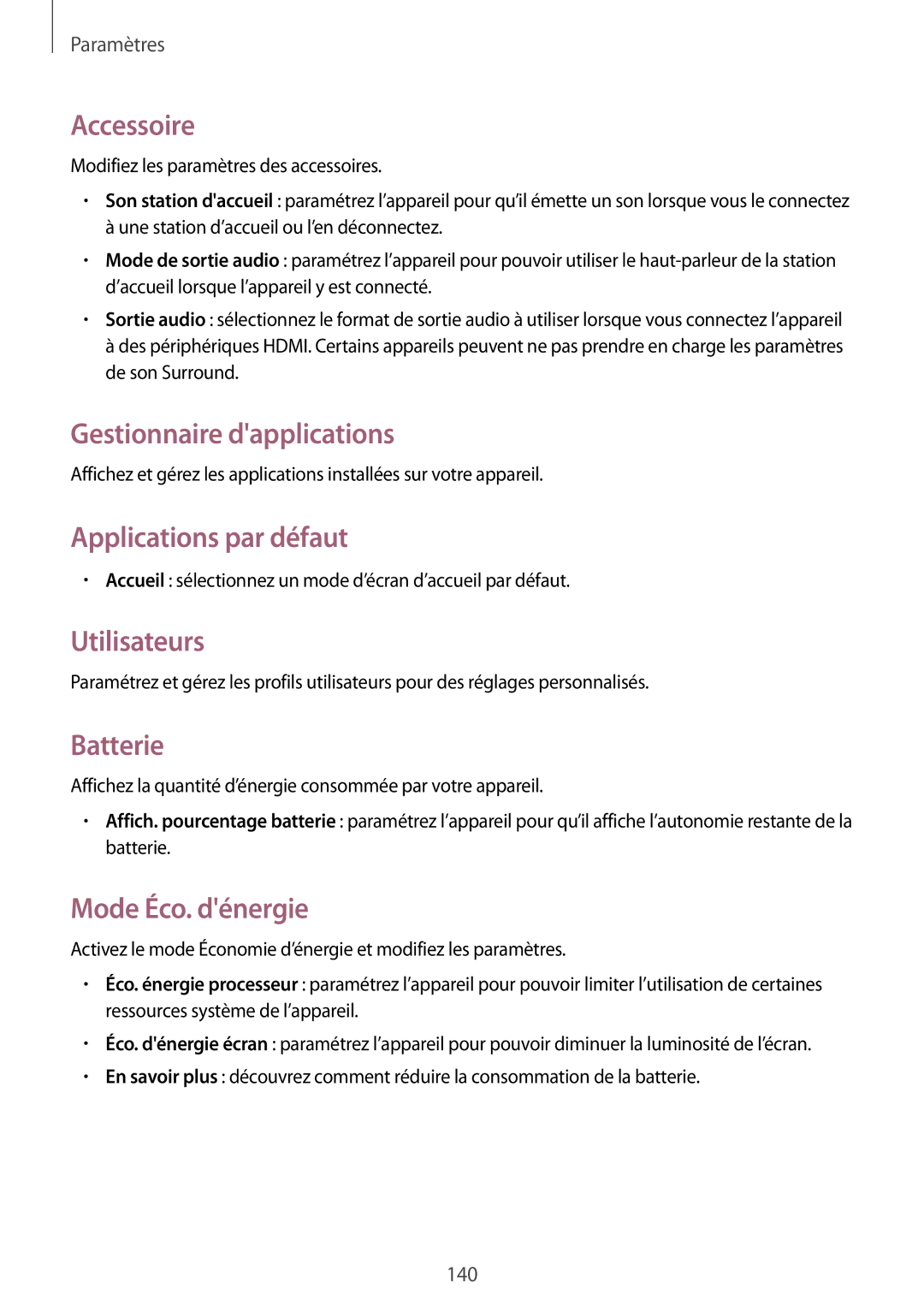 Samsung SM-T320NZWAXEF manual Accessoire, Gestionnaire dapplications, Applications par défaut, Utilisateurs, Batterie 