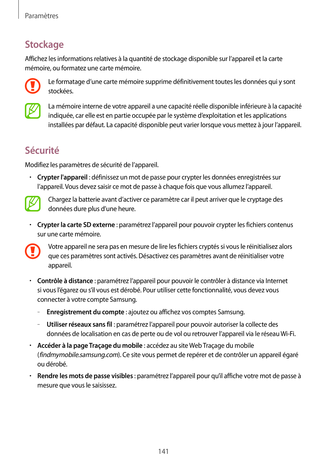Samsung SM-T320NZKAXEF, SM-T320XZWAXEF, SM-T320NZWAXEF manual Stockage, Sécurité 