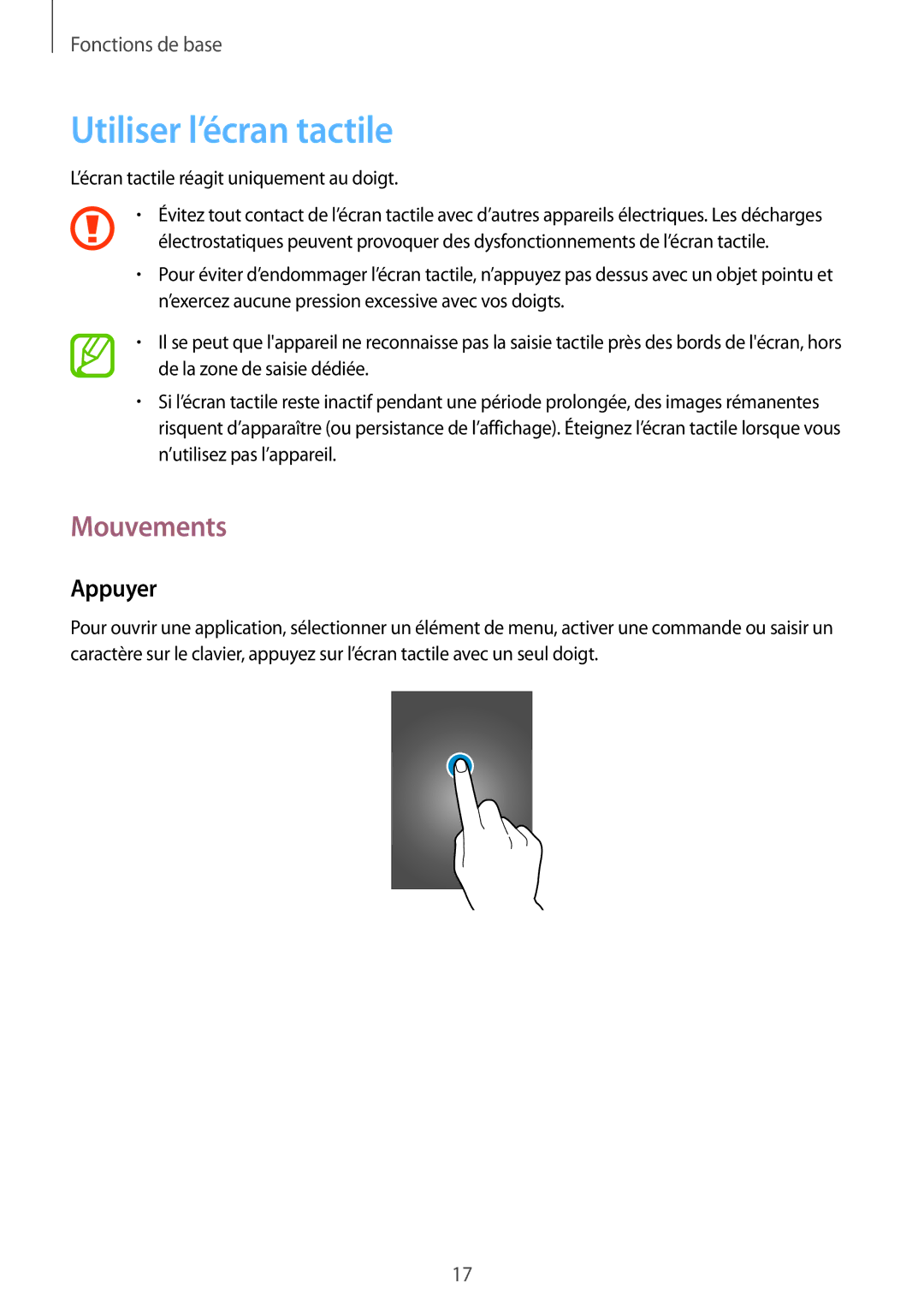 Samsung SM-T320NZWAXEF, SM-T320NZKAXEF, SM-T320XZWAXEF manual Utiliser l’écran tactile, Mouvements, Appuyer 