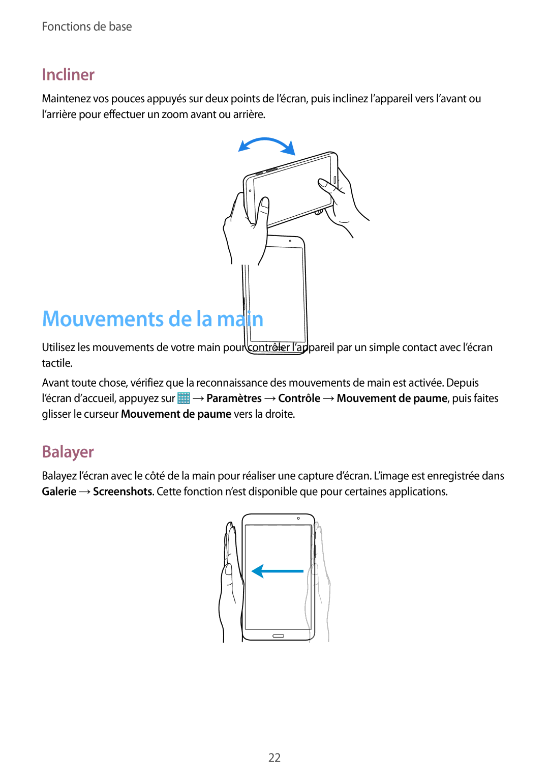 Samsung SM-T320XZWAXEF, SM-T320NZKAXEF, SM-T320NZWAXEF manual Mouvements de la main, Incliner, Balayer 