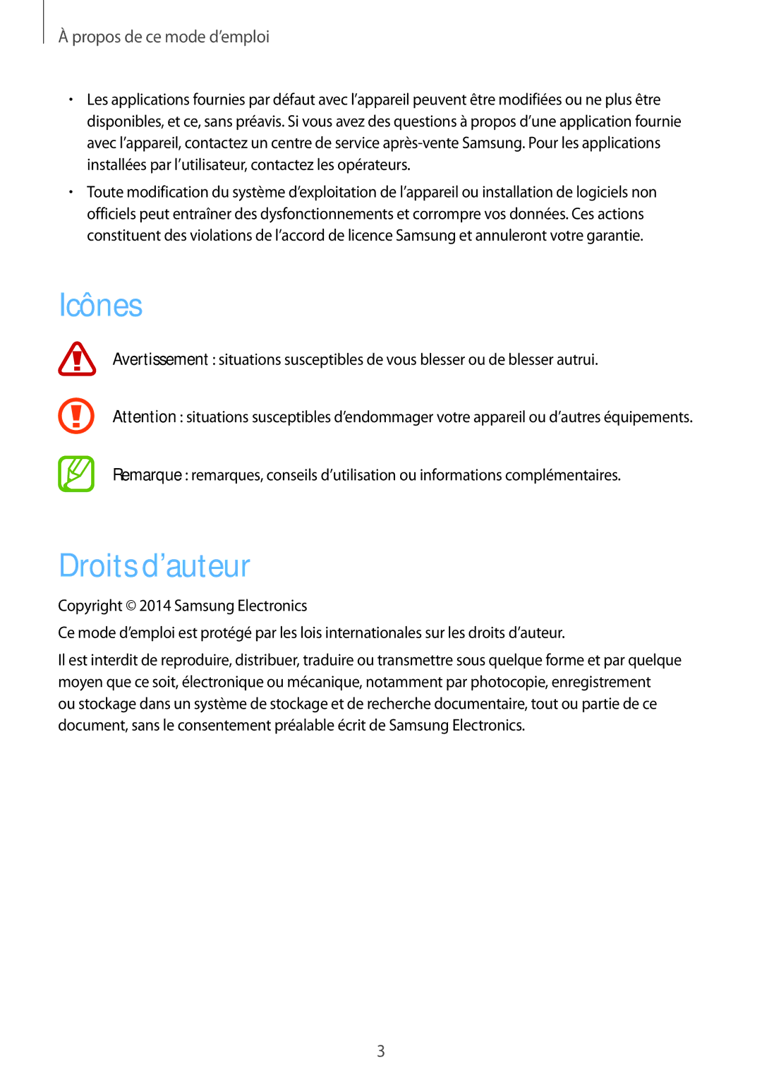 Samsung SM-T320NZKAXEF, SM-T320XZWAXEF, SM-T320NZWAXEF manual Icônes, Droits d’auteur 