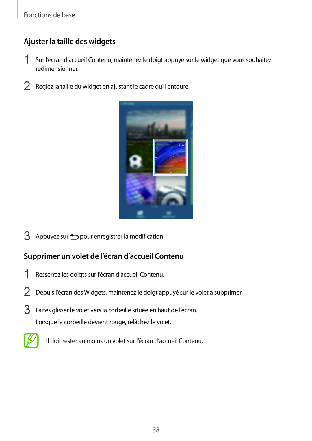 Samsung SM-T320NZWAXEF, SM-T320NZKAXEF manual Ajuster la taille des widgets, Supprimer un volet de l’écran d’accueil Contenu 