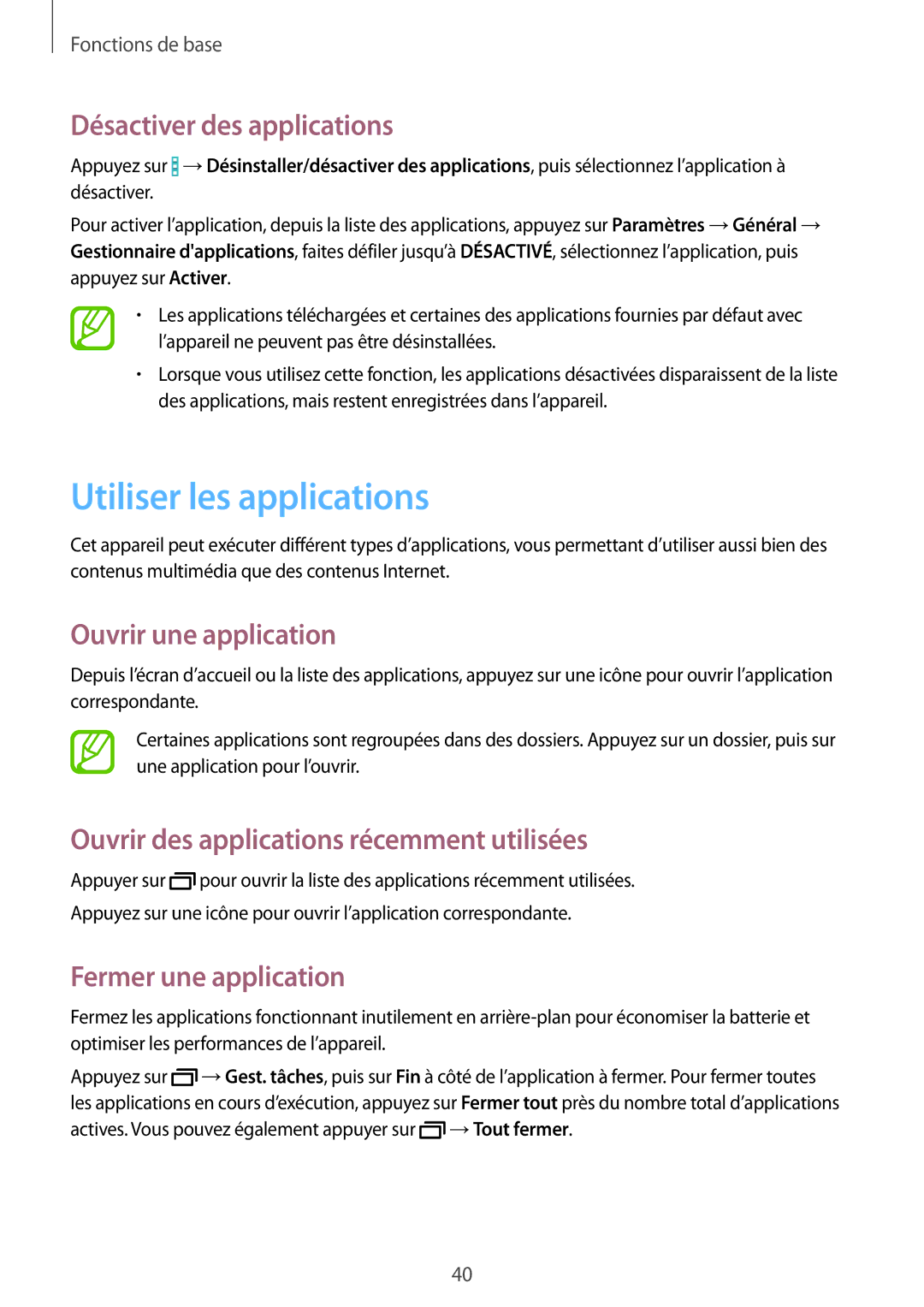 Samsung SM-T320XZWAXEF, SM-T320NZKAXEF manual Utiliser les applications, Désactiver des applications, Ouvrir une application 