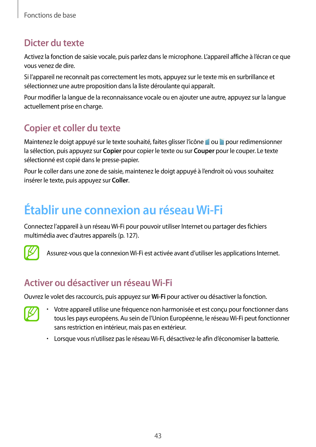 Samsung SM-T320XZWAXEF, SM-T320NZKAXEF Établir une connexion au réseau Wi-Fi, Dicter du texte, Copier et coller du texte 