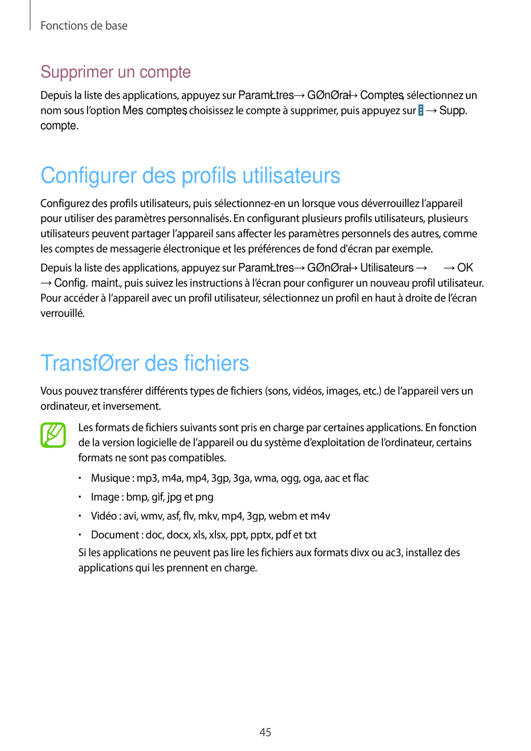 Samsung SM-T320NZKAXEF, SM-T320XZWAXEF Configurer des profils utilisateurs, Transférer des fichiers, Supprimer un compte 