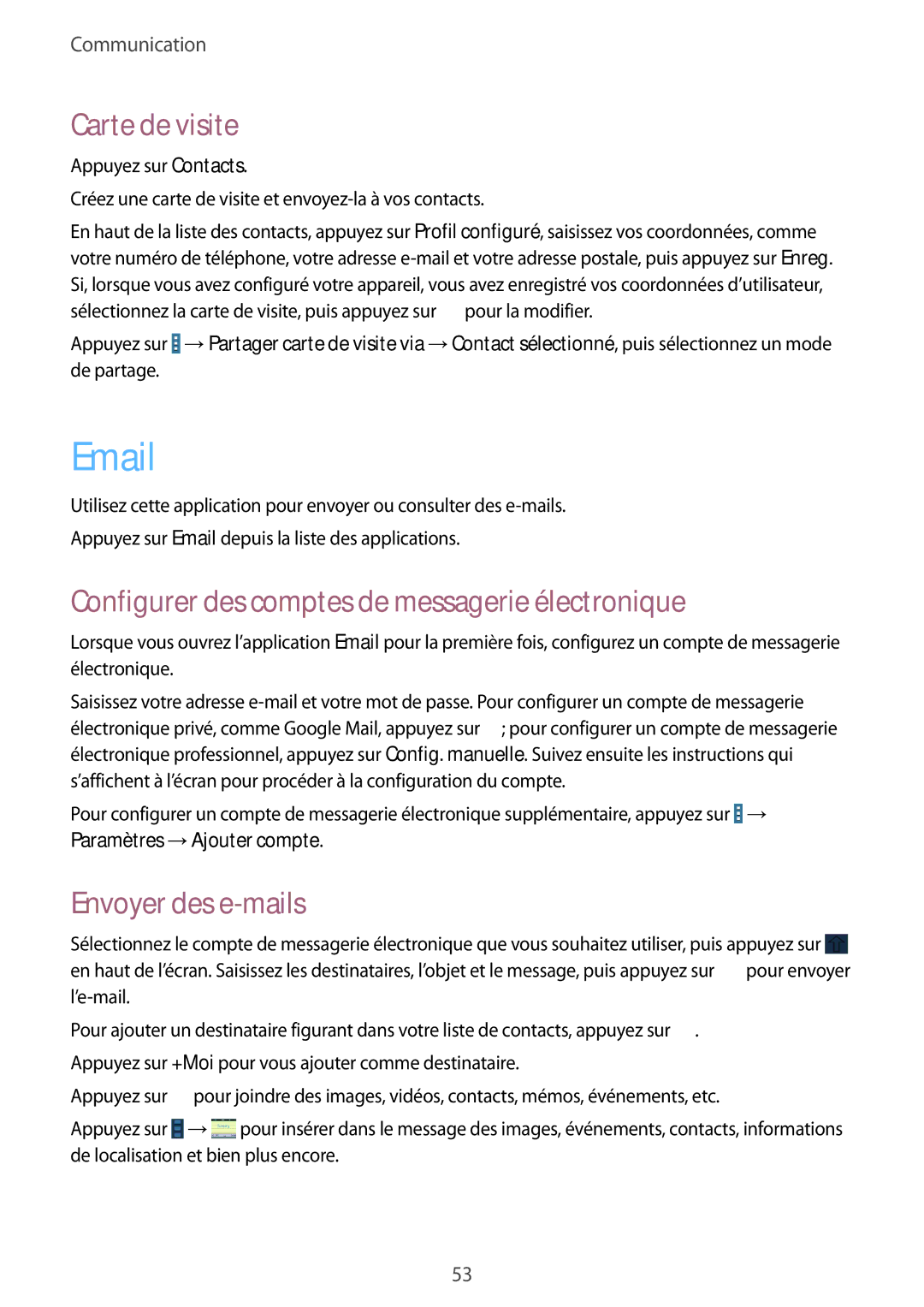 Samsung SM-T320NZWAXEF manual Carte de visite, Configurer des comptes de messagerie électronique, Envoyer des e-mails 