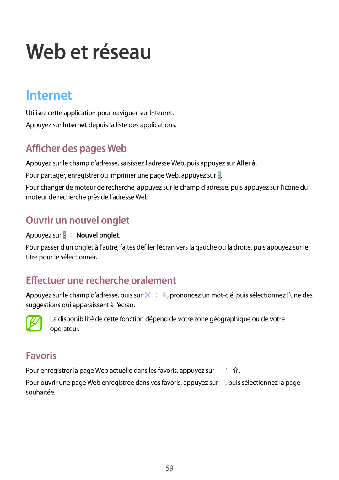 Samsung SM-T320NZWAXEF manual Internet, Afficher des pages Web, Ouvrir un nouvel onglet, Effectuer une recherche oralement 