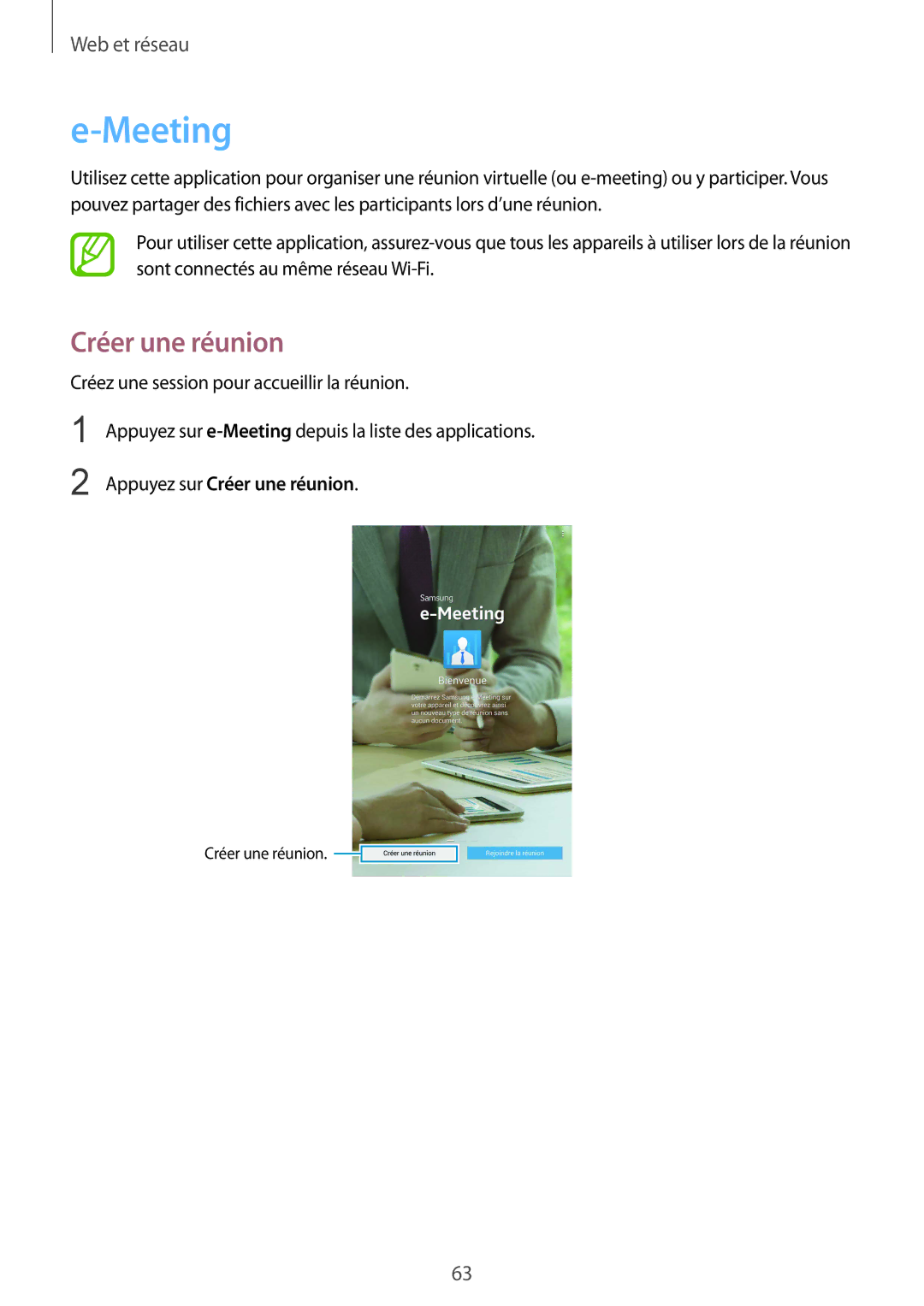 Samsung SM-T320NZKAXEF, SM-T320XZWAXEF, SM-T320NZWAXEF manual Meeting, Appuyez sur Créer une réunion 