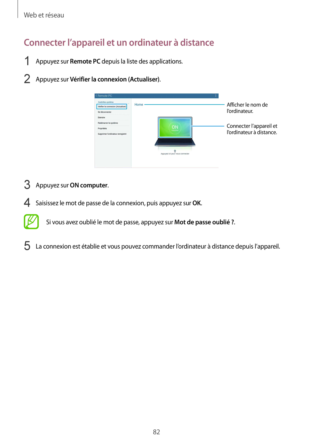 Samsung SM-T320XZWAXEF Connecter l’appareil et un ordinateur à distance, Appuyez sur Vérifier la connexion Actualiser 