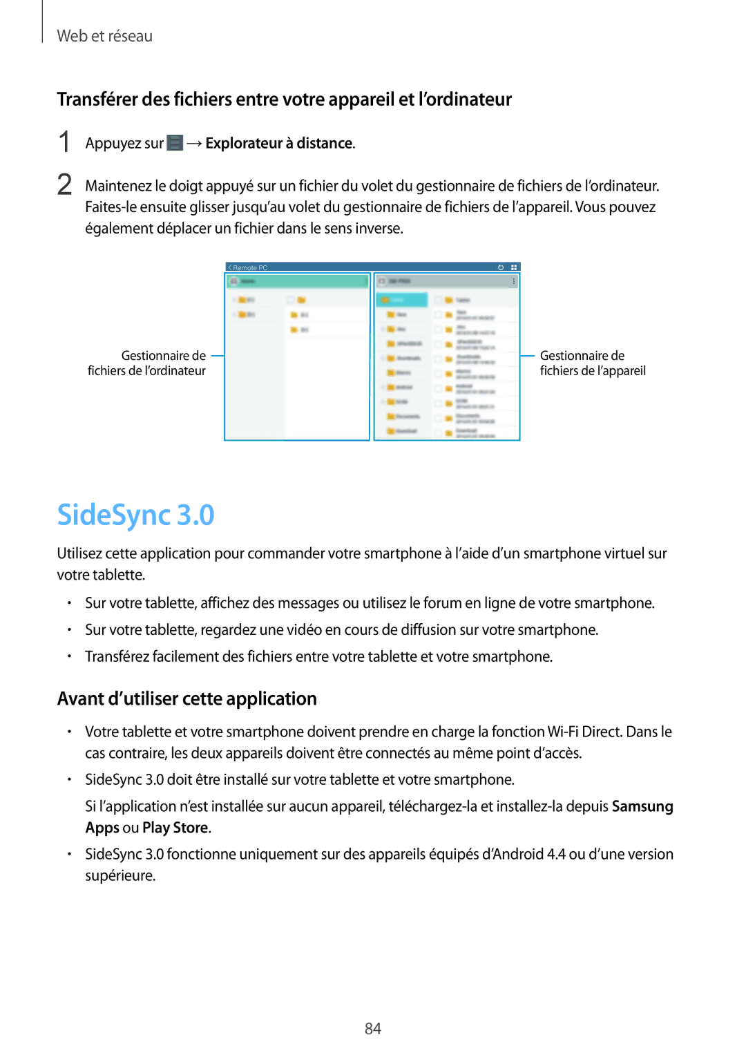 Samsung SM-T320NZKAXEF, SM-T320XZWAXEF, SM-T320NZWAXEF manual SideSync, Appuyez sur →Explorateur à distance 