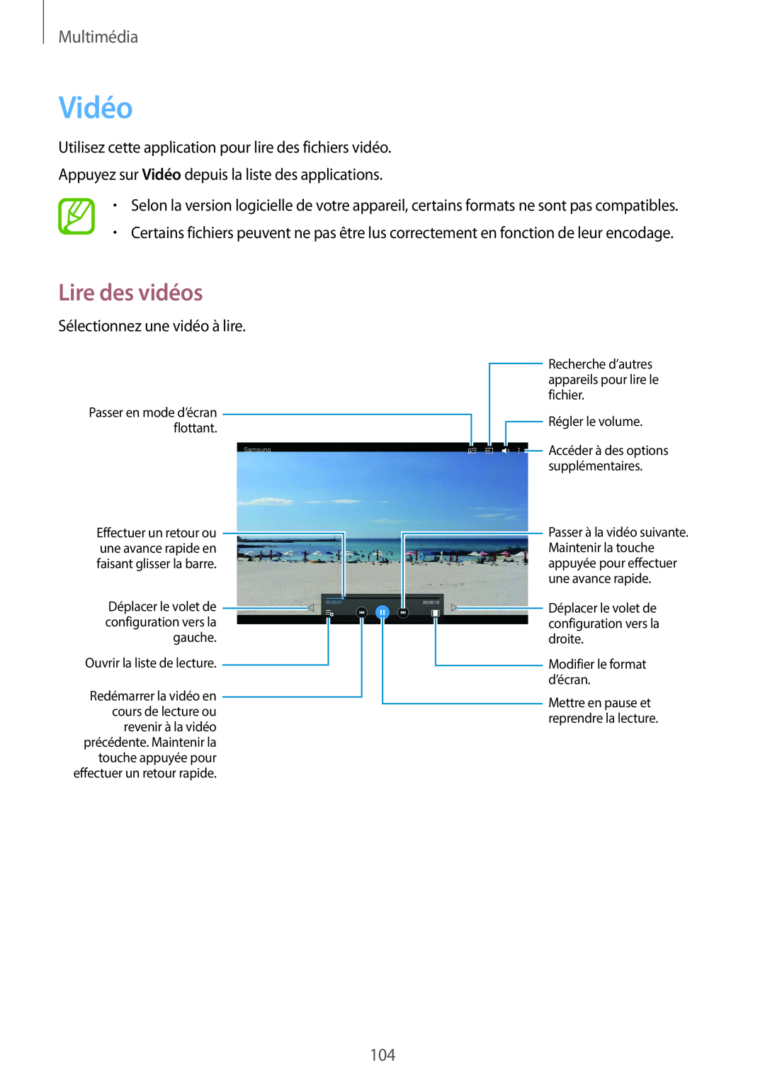 Samsung SM-T320NZWAXEF manual Vidéo, Lire des vidéos, Multimédia, Déplacer le volet de, configuration vers la, gauche 