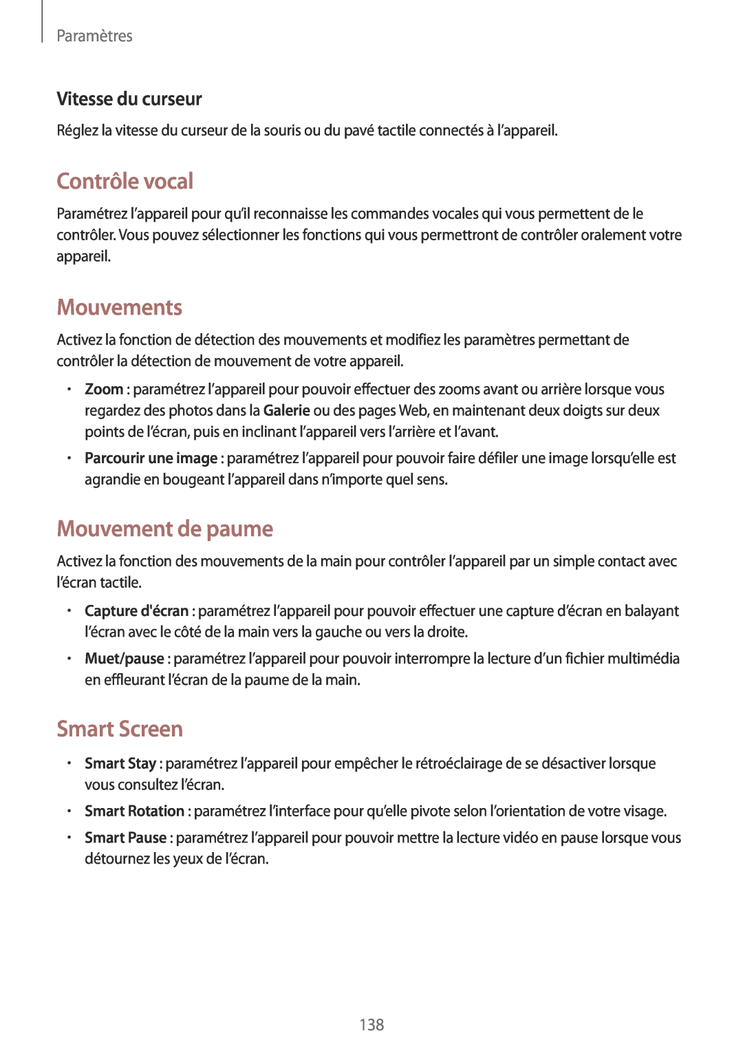 Samsung SM-T320NZKAXEF manual Contrôle vocal, Mouvement de paume, Smart Screen, Vitesse du curseur, Mouvements, Paramètres 
