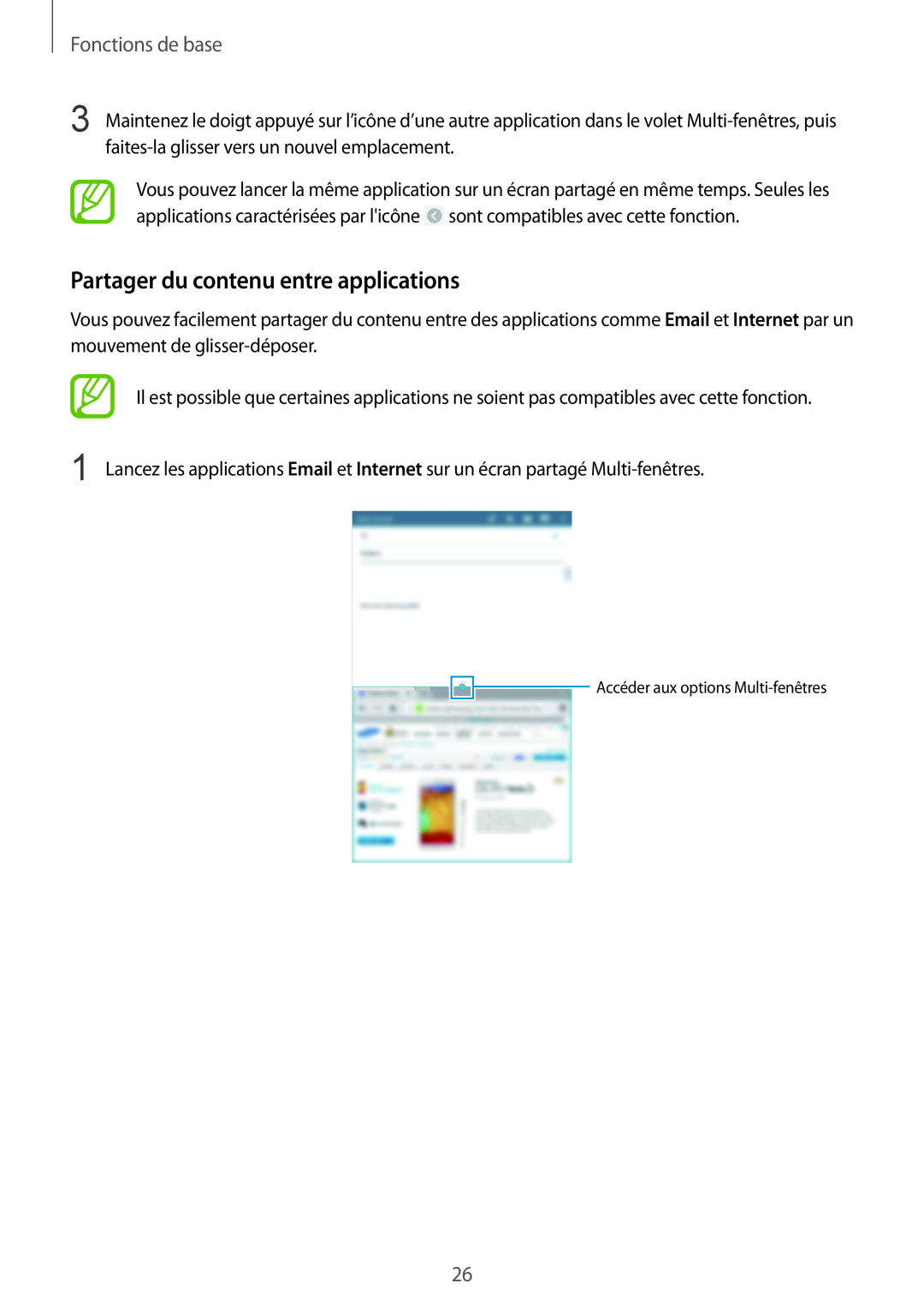 Samsung SM-T320NZWAXEF manual Partager du contenu entre applications, Fonctions de base, Accéder aux options Multi-fenêtres 