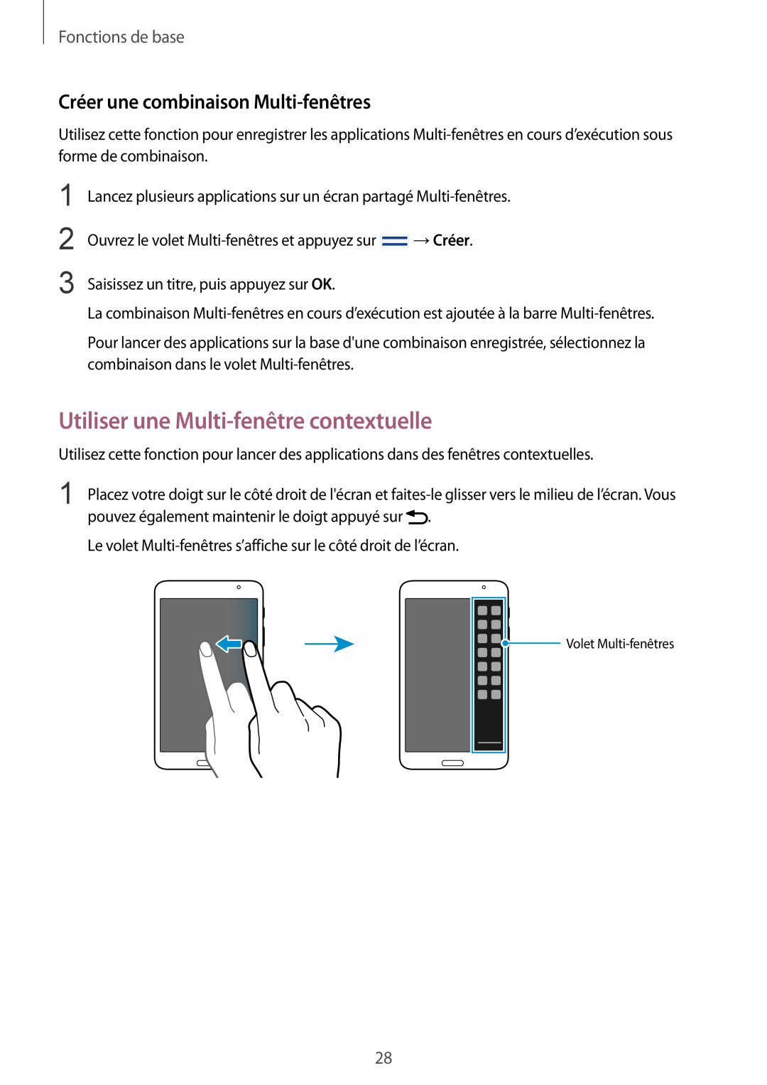 Samsung SM-T320XZWAXEF Utiliser une Multi-fenêtre contextuelle, Créer une combinaison Multi-fenêtres, Fonctions de base 