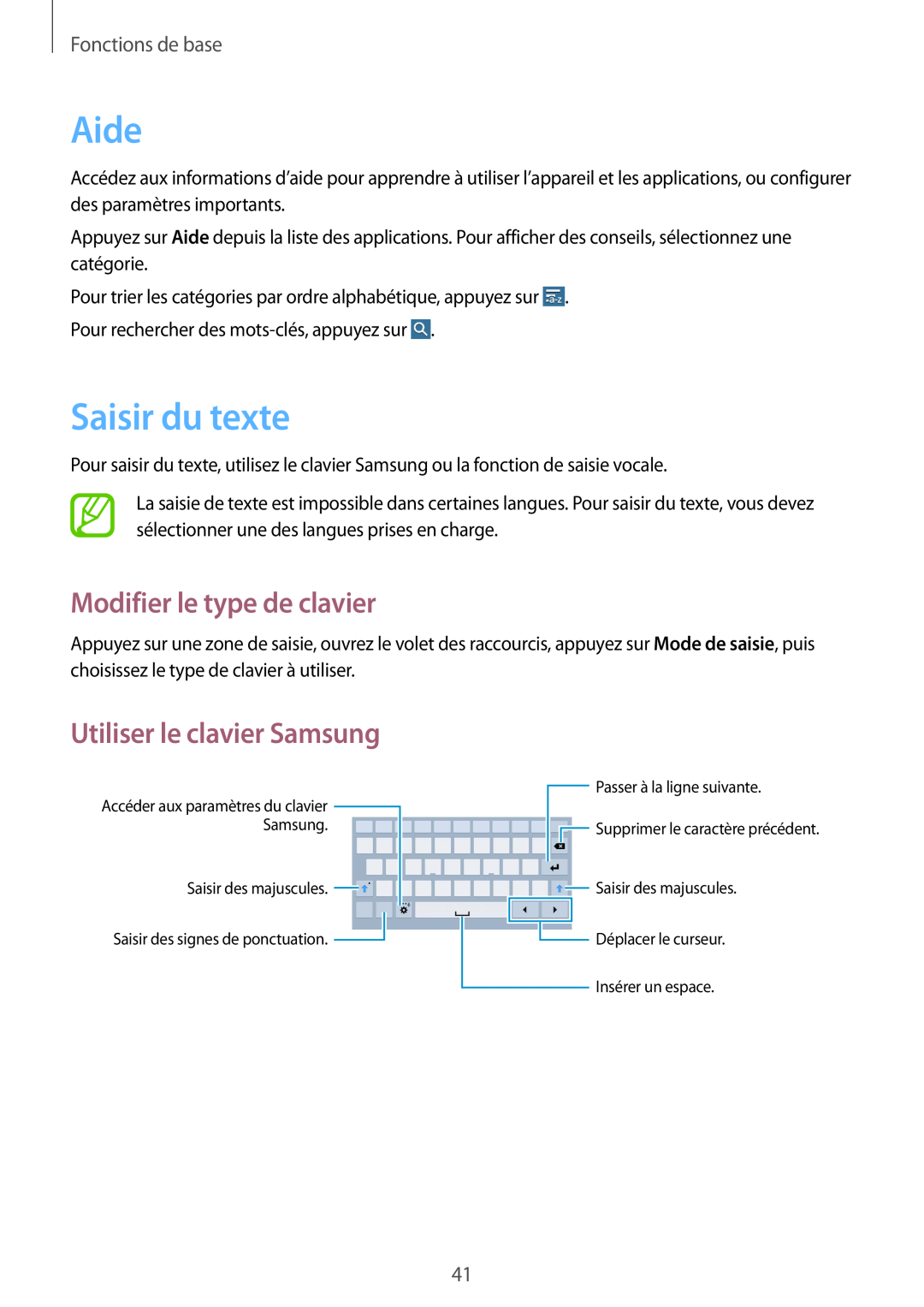 Samsung SM-T320NZWAXEF Aide, Saisir du texte, Modifier le type de clavier, Utiliser le clavier Samsung, Fonctions de base 