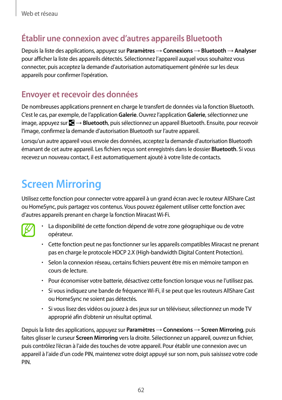 Samsung SM-T320NZWAXEF manual Screen Mirroring, Établir une connexion avec d’autres appareils Bluetooth, Web et réseau 