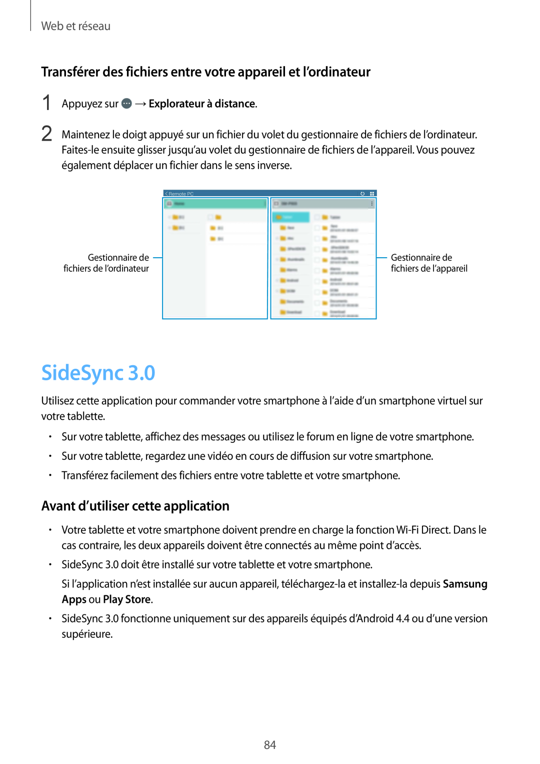 Samsung SM-T320NZKAXEF manual SideSync, Transférer des fichiers entre votre appareil et l’ordinateur, Web et réseau 