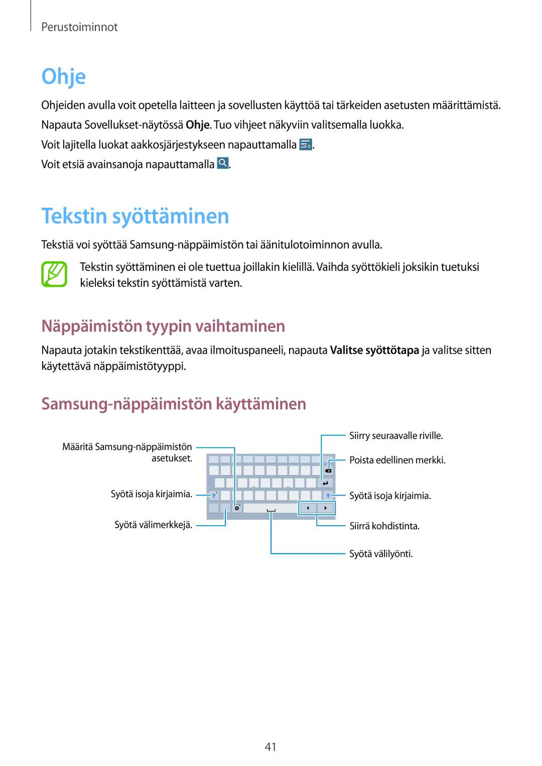 Samsung SM-T320NZKANEE manual Ohje, Tekstin syöttäminen, Näppäimistön tyypin vaihtaminen, Samsung-näppäimistön käyttäminen 