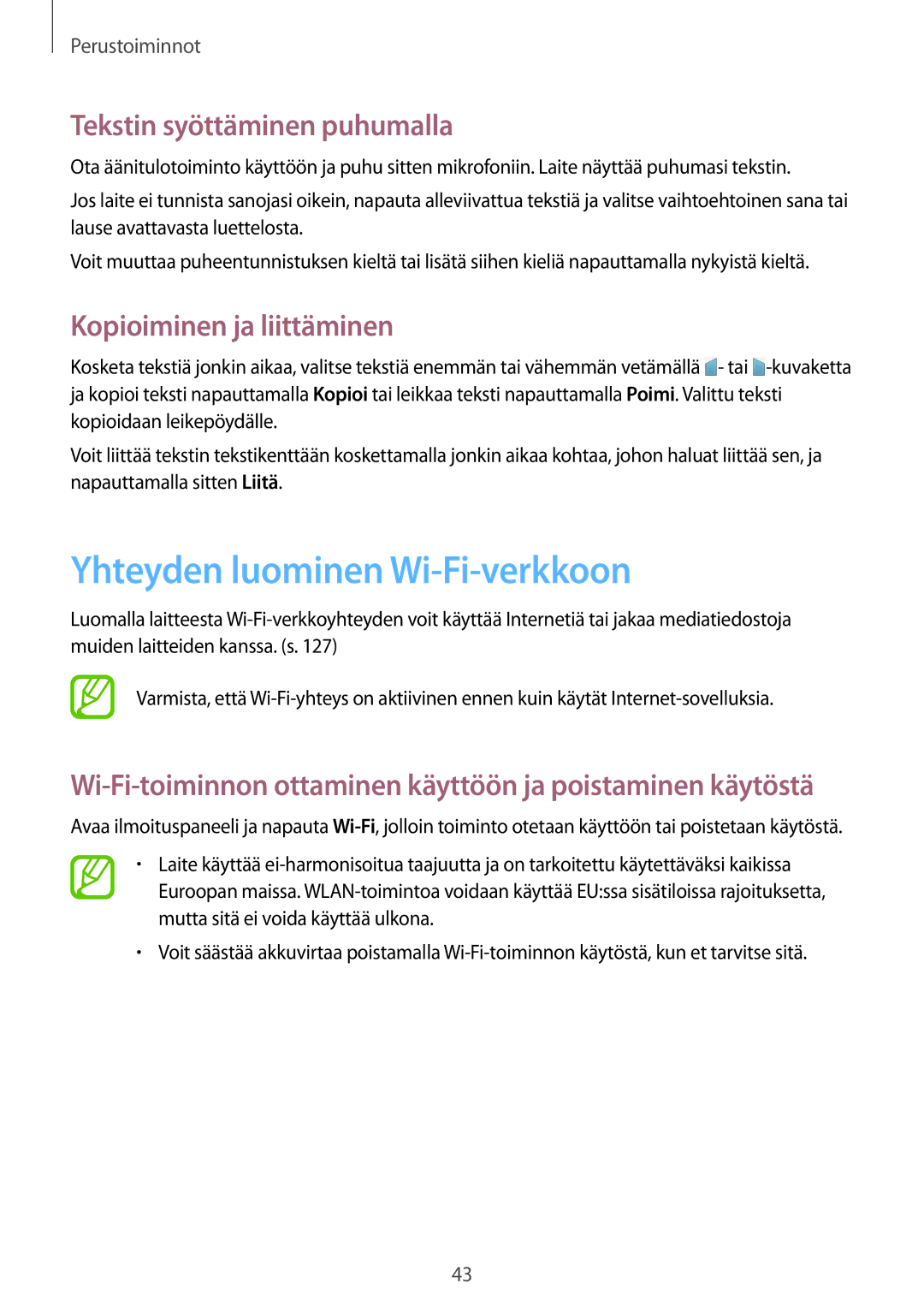 Samsung SM-T320XZWANEE manual Yhteyden luominen Wi-Fi-verkkoon, Tekstin syöttäminen puhumalla, Kopioiminen ja liittäminen 