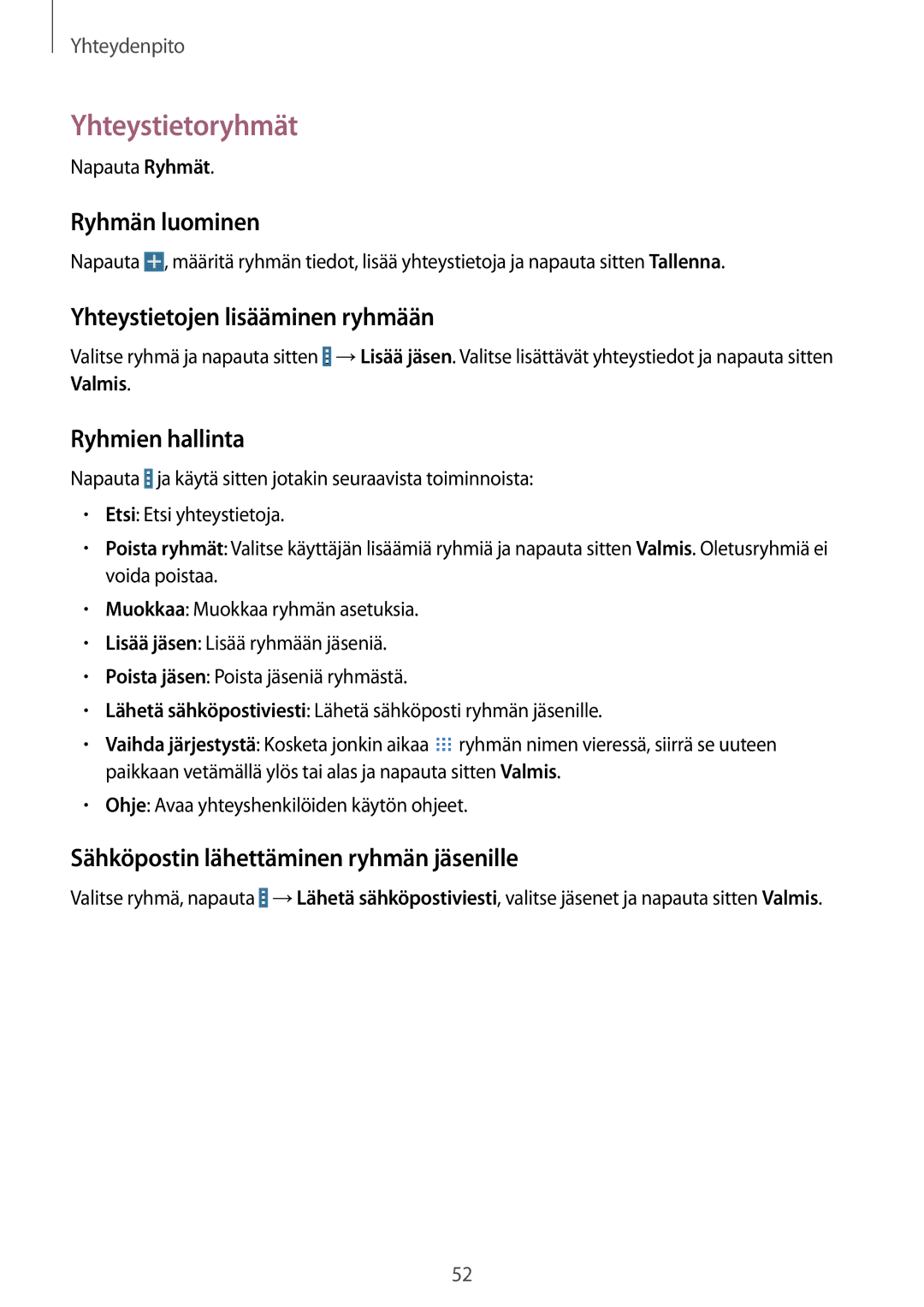 Samsung SM-T320NZWANEE manual Yhteystietoryhmät, Ryhmän luominen, Yhteystietojen lisääminen ryhmään, Ryhmien hallinta 