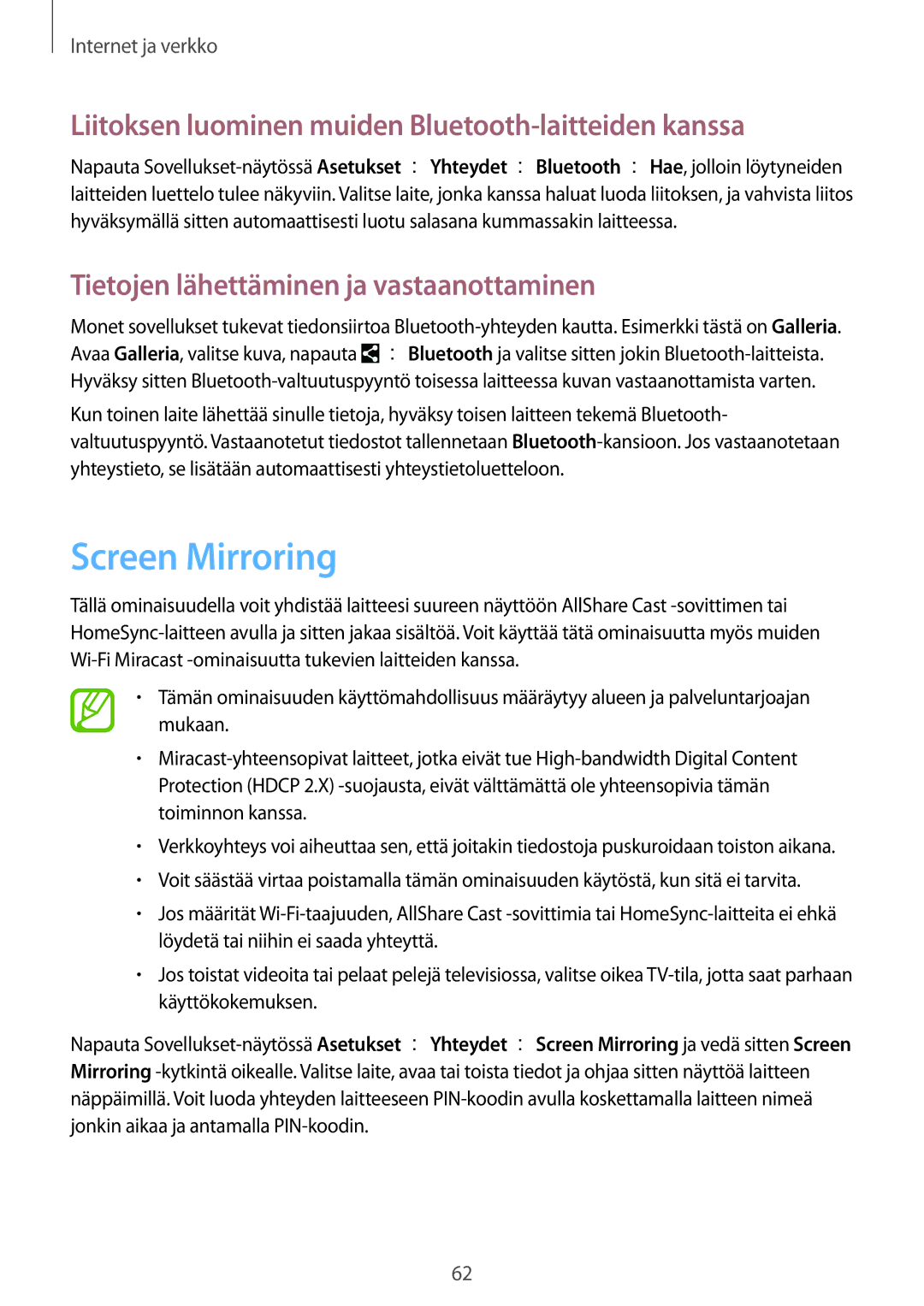 Samsung SM-T320NZWANEE, SM-T320NZKENEE manual Screen Mirroring, Liitoksen luominen muiden Bluetooth-laitteiden kanssa 