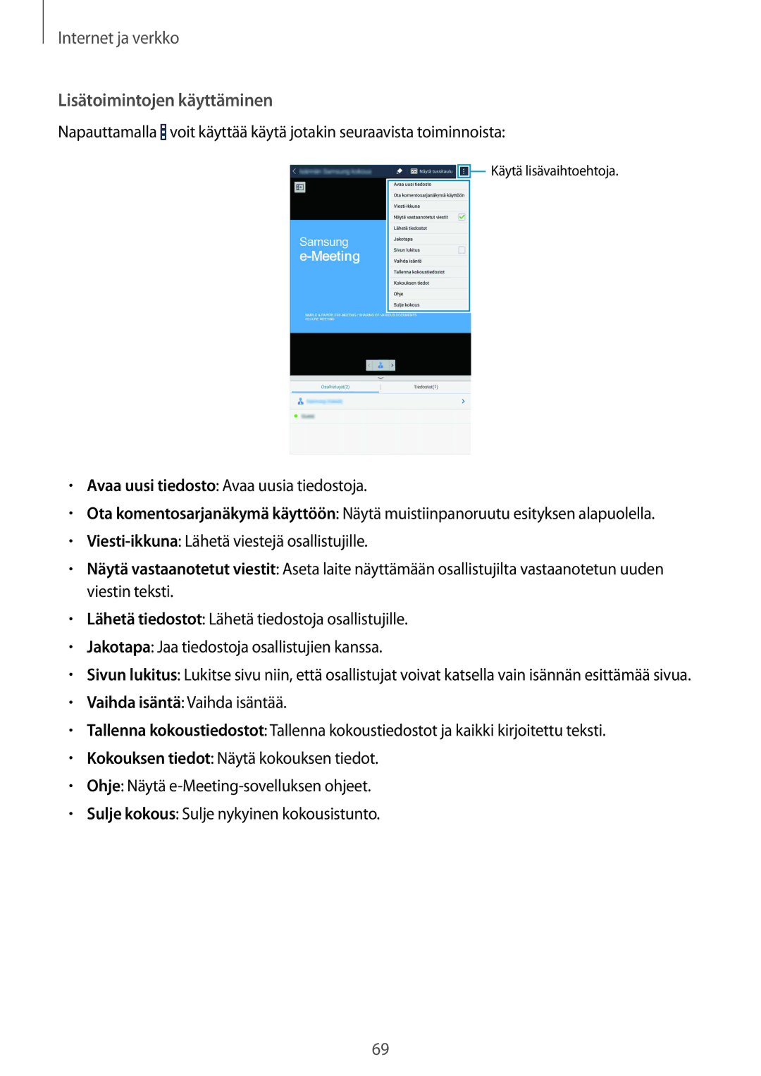 Samsung SM-T320NZWENEE, SM-T320NZKENEE, SM-T320NZKANEE, SM-T320NZWANEE, SM-T320XZWANEE manual Lisätoimintojen käyttäminen 