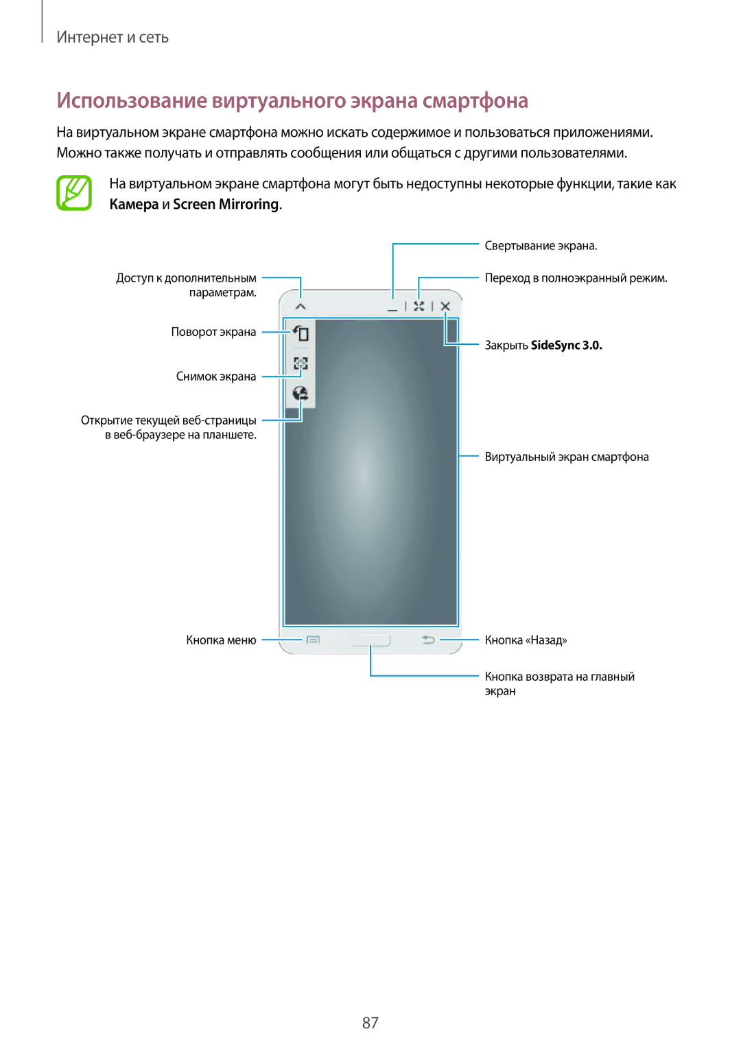 Samsung SM-T320XZWASER, SM-T320NZKASER, SM-T320NZWASER manual Использование виртуального экрана смартфона 