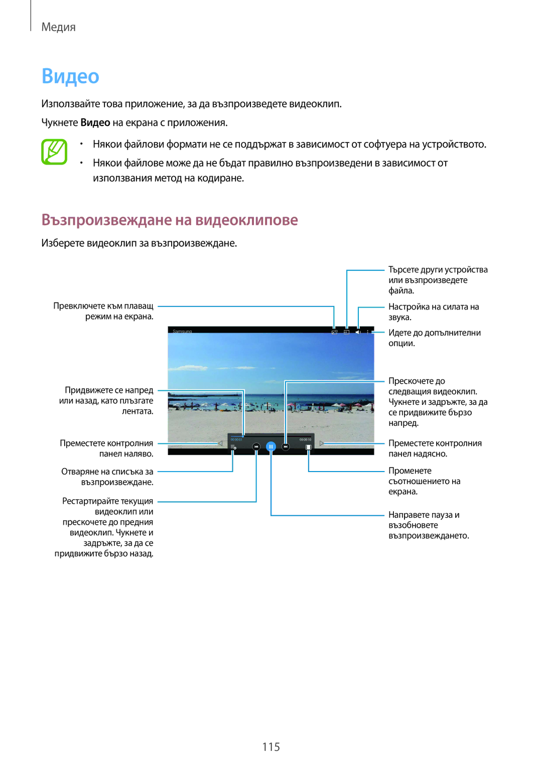 Samsung SM-T325NZWABGL, SM-T325NZKABGL manual Видео, Възпроизвеждане на видеоклипове 