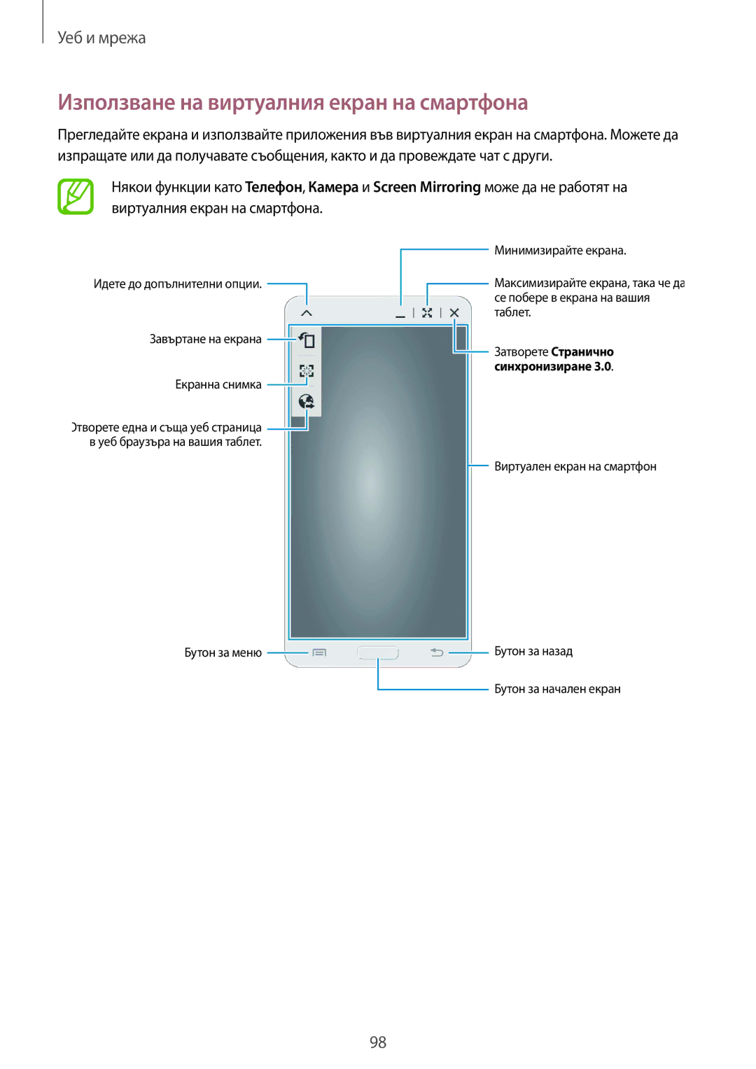 Samsung SM-T325NZKABGL, SM-T325NZWABGL manual Използване на виртуалния екран на смартфона 