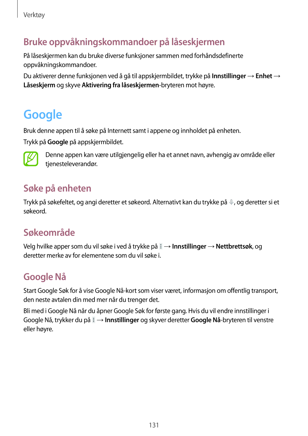 Samsung SM-T325NZWANEE manual Bruke oppvåkningskommandoer på låseskjermen, Søke på enheten, Søkeområde, Google Nå 