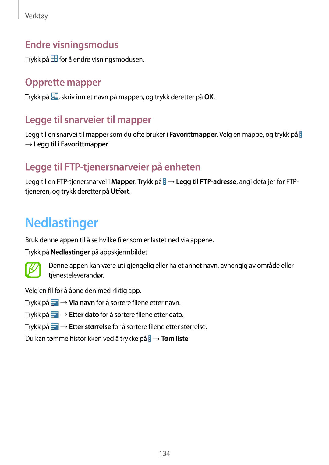 Samsung SM-T325NZWANEE, SM-T325NZKANEE Nedlastinger, Endre visningsmodus, Opprette mapper, Legge til snarveier til mapper 