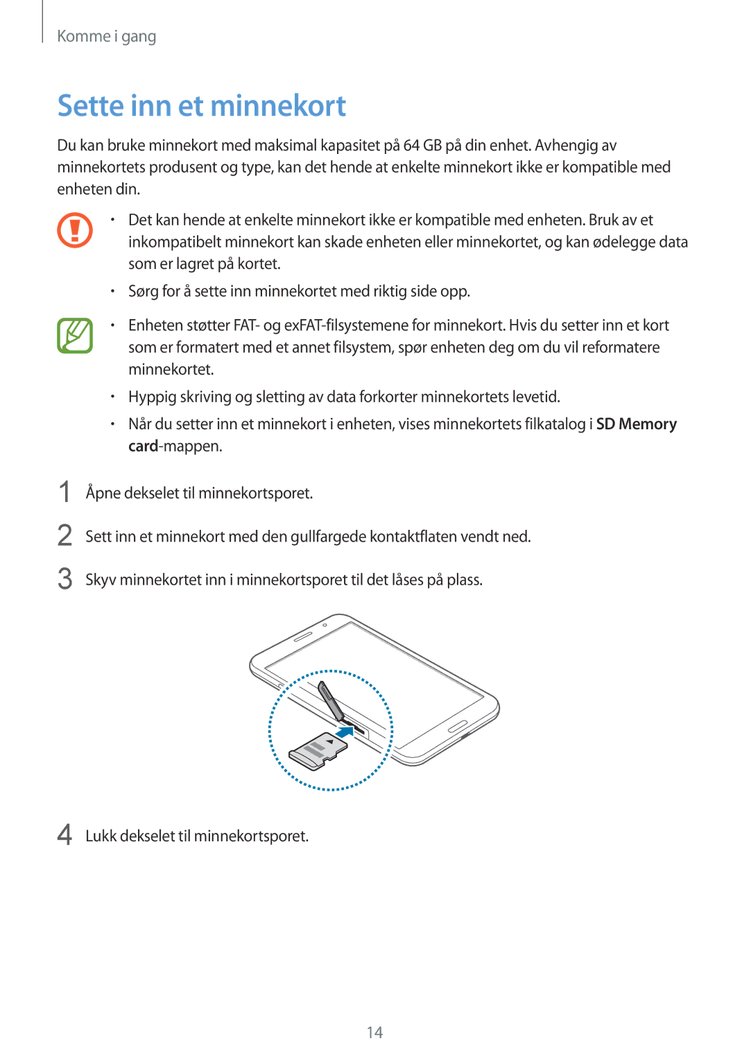 Samsung SM-T325NZWANEE, SM-T325NZKANEE, SM-T325NZWENEE manual Sette inn et minnekort 