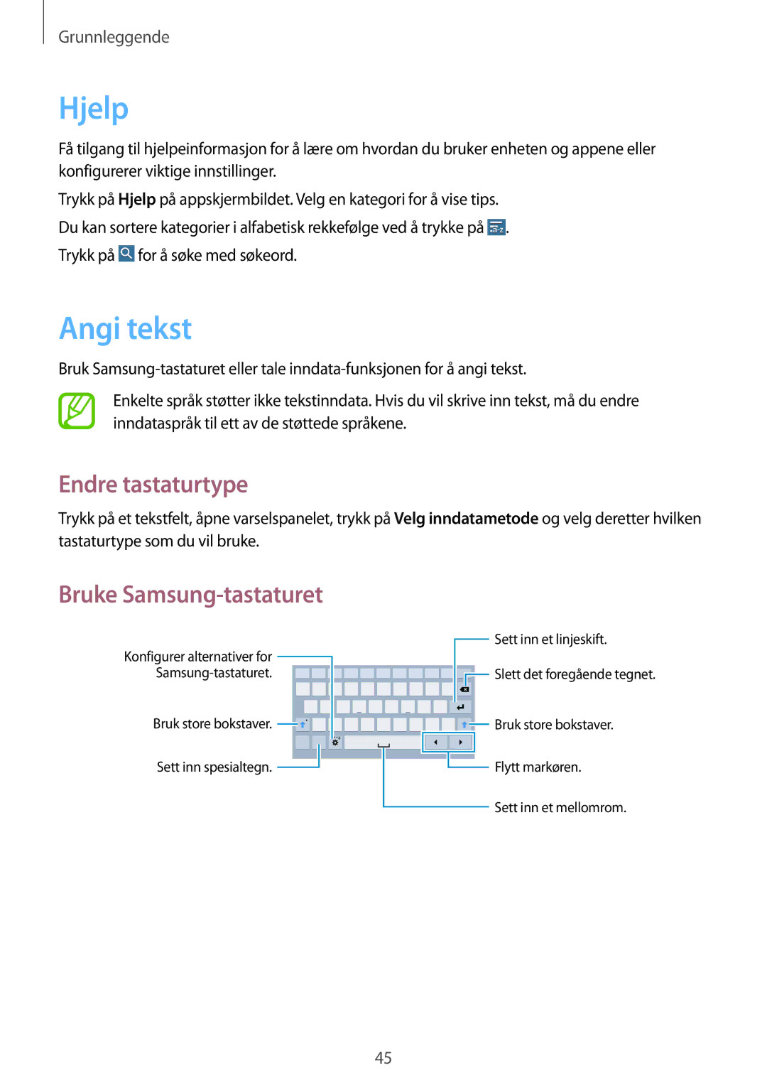 Samsung SM-T325NZKANEE, SM-T325NZWENEE, SM-T325NZWANEE manual Hjelp, Angi tekst, Endre tastaturtype, Bruke Samsung-tastaturet 