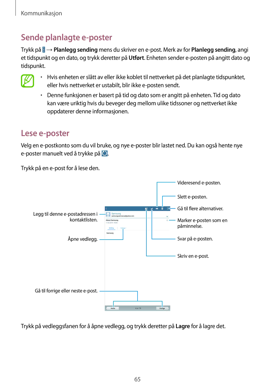 Samsung SM-T325NZWANEE, SM-T325NZKANEE, SM-T325NZWENEE manual Sende planlagte e-poster, Lese e-poster 