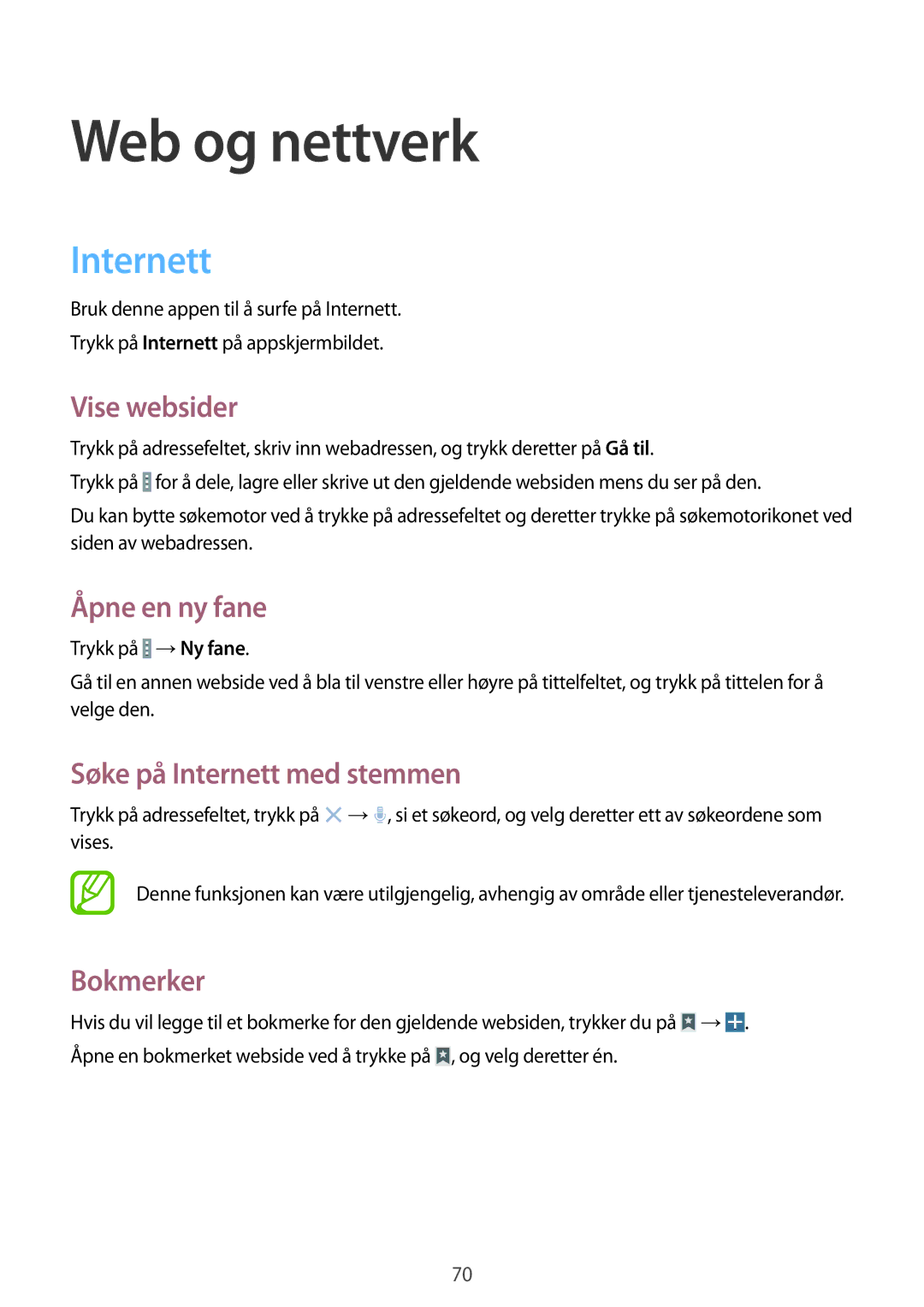 Samsung SM-T325NZWENEE, SM-T325NZKANEE, SM-T325NZWANEE manual Web og nettverk, Internett 