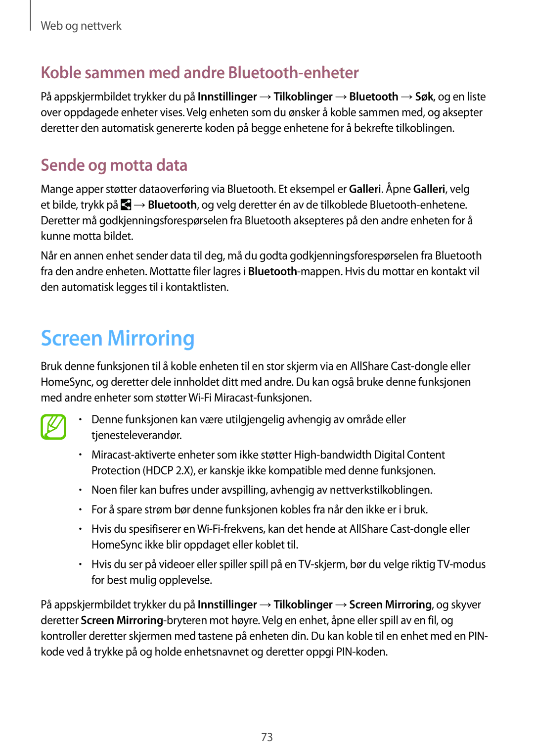 Samsung SM-T325NZWENEE, SM-T325NZKANEE Screen Mirroring, Koble sammen med andre Bluetooth-enheter, Sende og motta data 