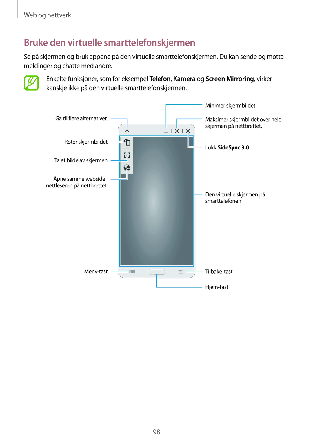 Samsung SM-T325NZWANEE, SM-T325NZKANEE, SM-T325NZWENEE manual Bruke den virtuelle smarttelefonskjermen 