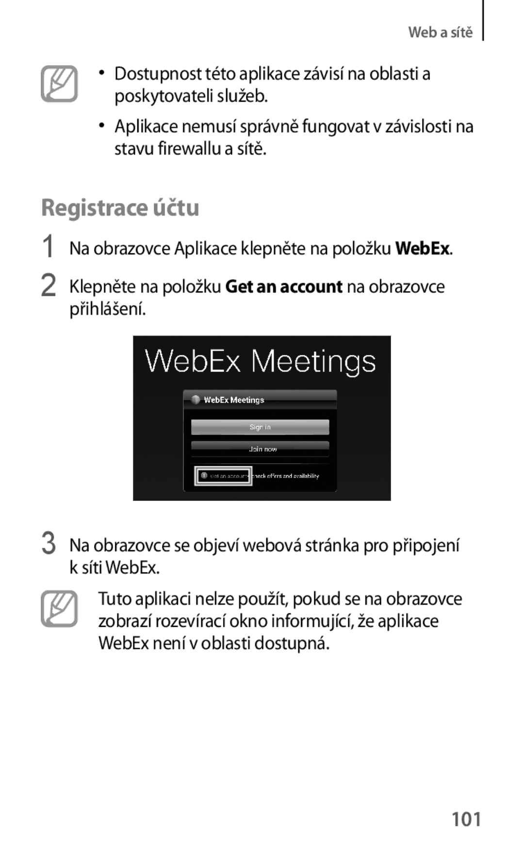 Samsung SM-T325NZWAXEZ, SM-T325NZKAXEZ, SM-T325NZKAXEO manual Registrace účtu, 101 