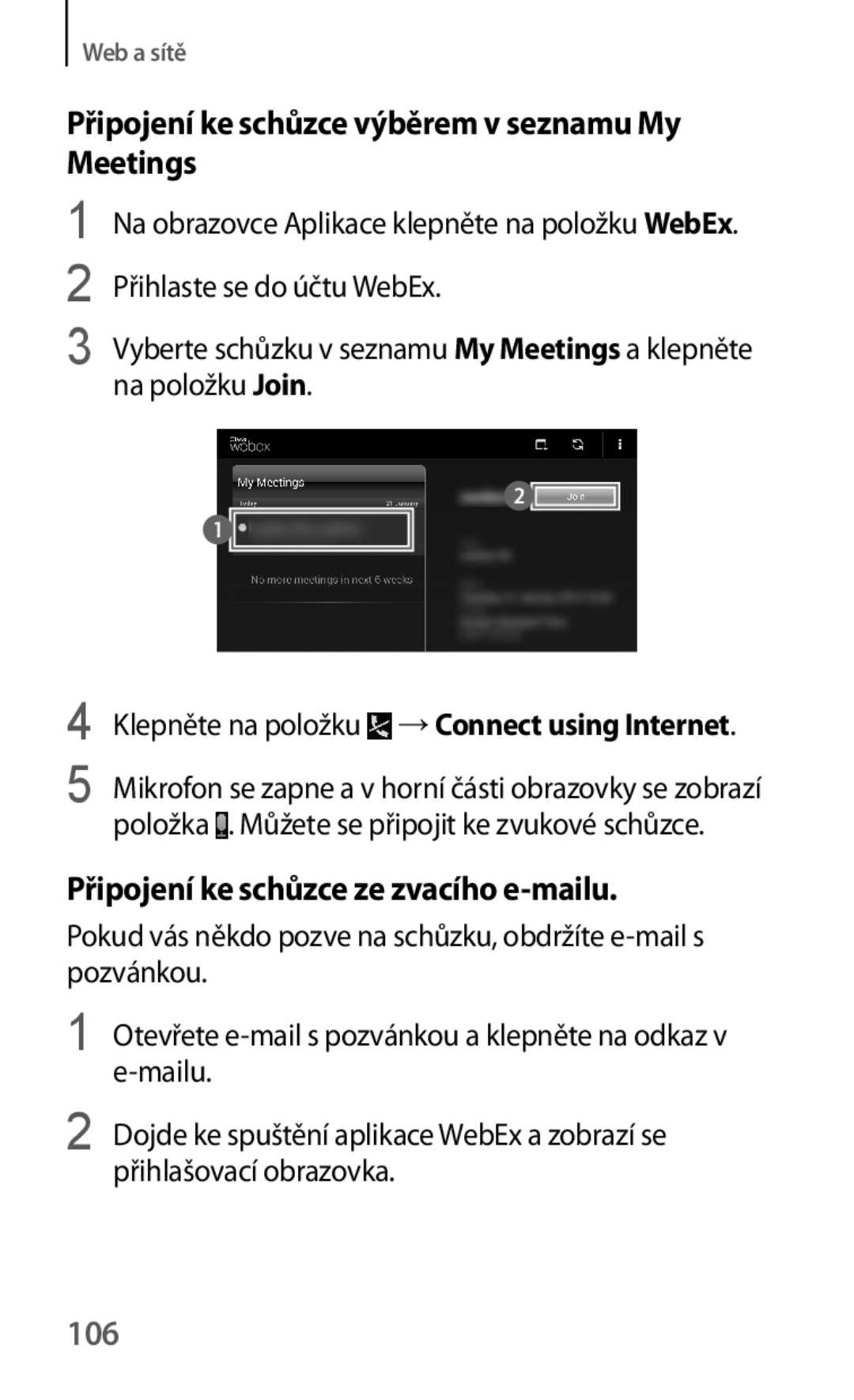 Samsung SM-T325NZKAXEO Připojení ke schůzce výběrem v seznamu My Meetings, Připojení ke schůzce ze zvacího e-mailu, 106 