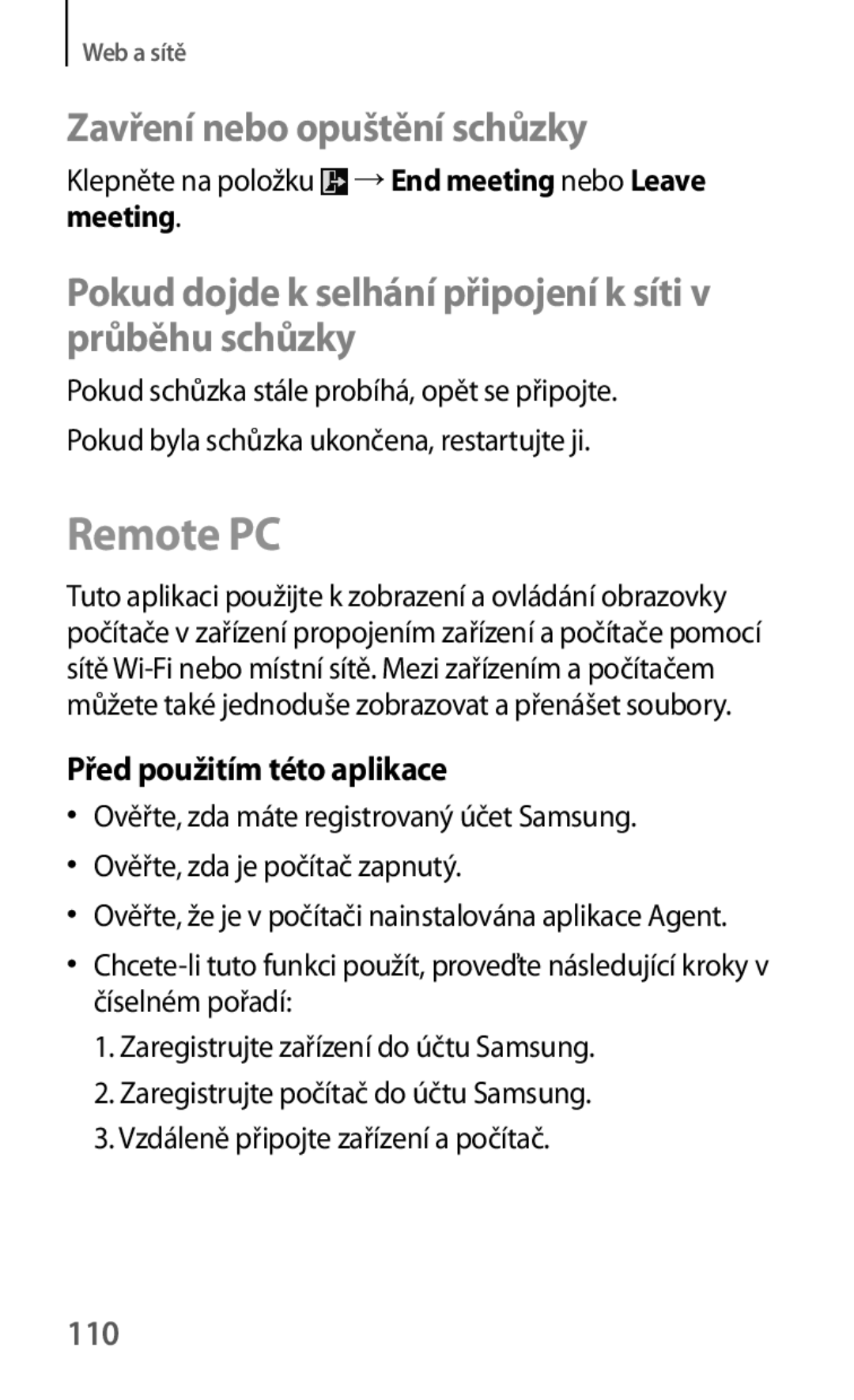 Samsung SM-T325NZWAXEZ, SM-T325NZKAXEZ, SM-T325NZKAXEO Remote PC, 110, Klepněte na položku →End meeting nebo Leave, Meeting 