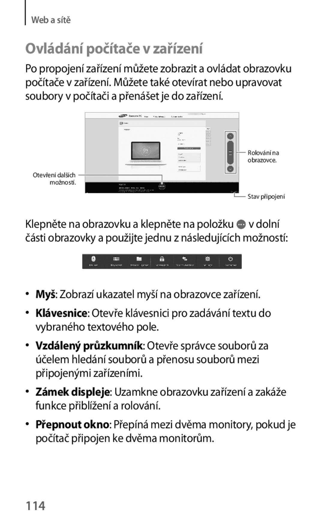 Samsung SM-T325NZKAXEZ, SM-T325NZKAXEO Ovládání počítače v zařízení, 114, Myš Zobrazí ukazatel myší na obrazovce zařízení 