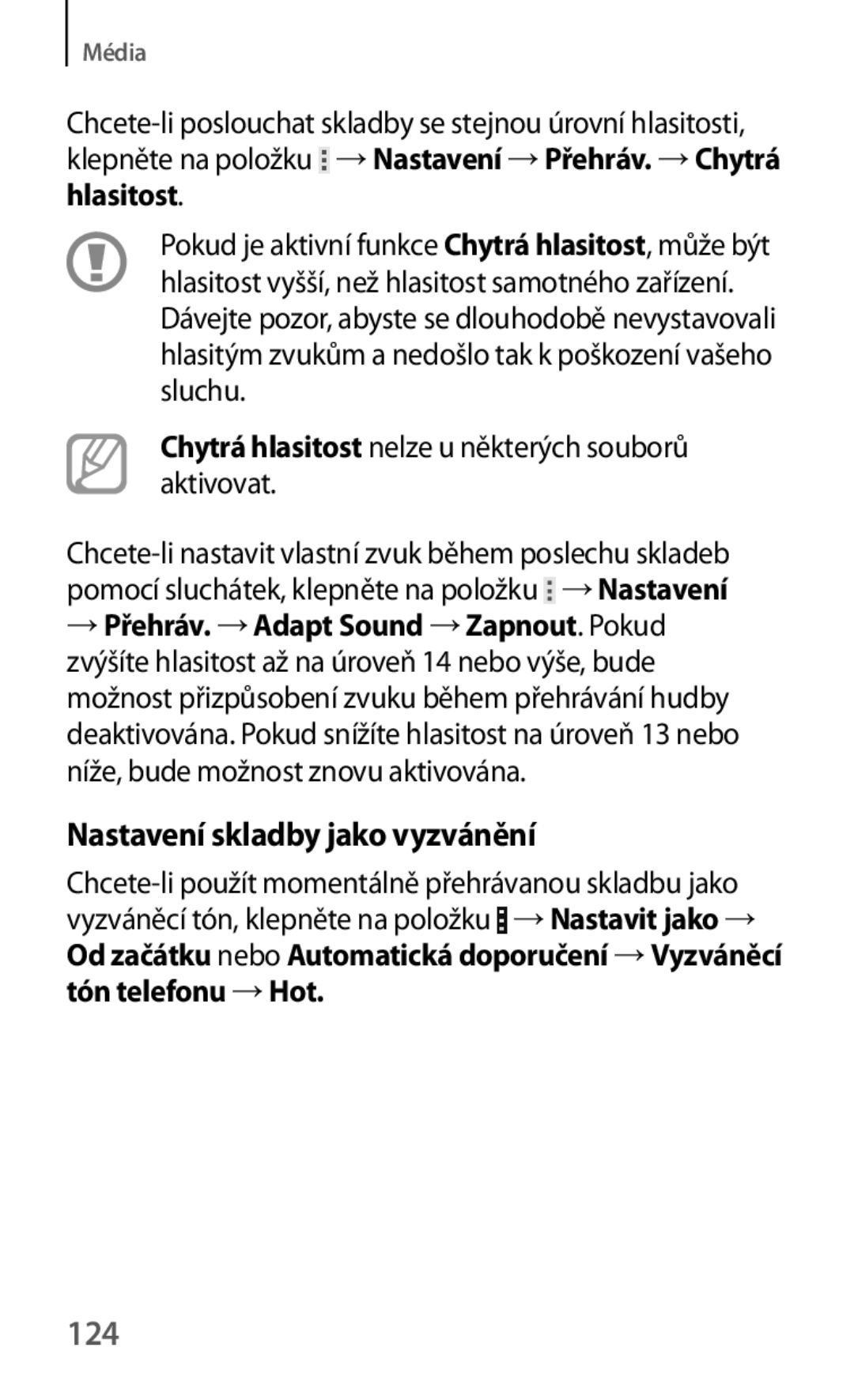 Samsung SM-T325NZKAXEO manual Nastavení skladby jako vyzvánění, 124, Chytrá hlasitost nelze u některých souborů aktivovat 