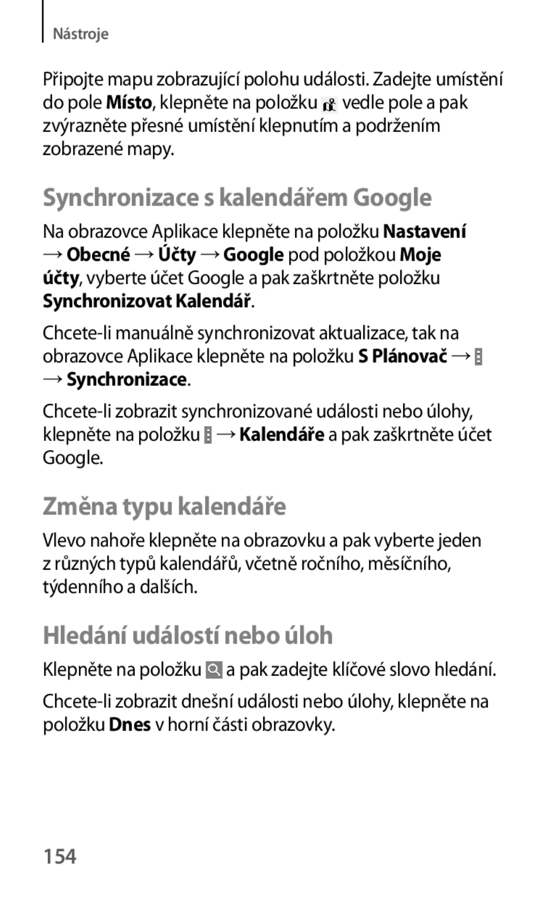 Samsung SM-T325NZKAXEO manual Synchronizace s kalendářem Google, Změna typu kalendáře, Hledání událostí nebo úloh, 154 