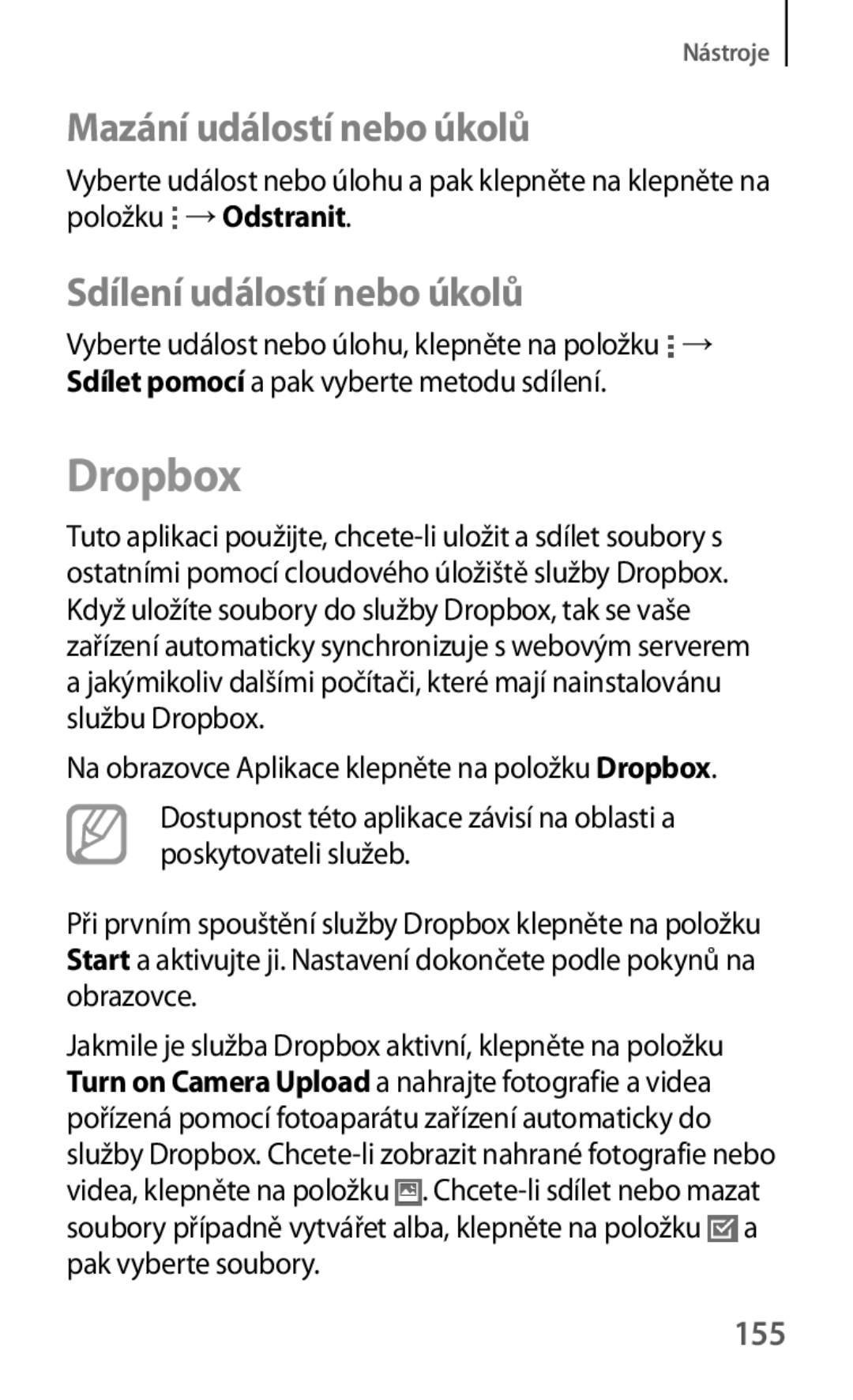 Samsung SM-T325NZWAXEZ, SM-T325NZKAXEZ manual Dropbox, Mazání událostí nebo úkolů, Sdílení událostí nebo úkolů, 155 