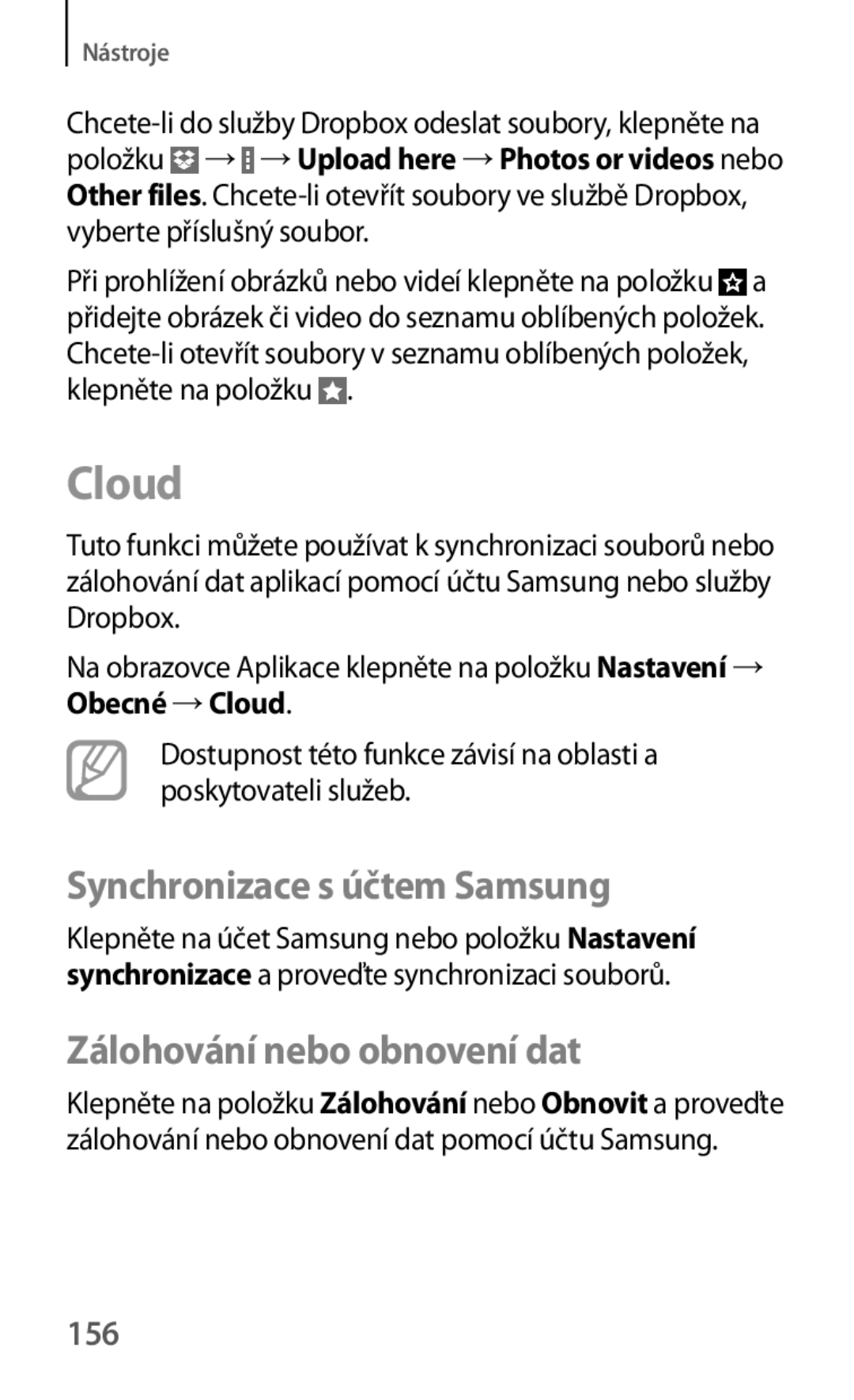 Samsung SM-T325NZKAXEZ, SM-T325NZKAXEO manual Cloud, Synchronizace s účtem Samsung, Zálohování nebo obnovení dat, 156 