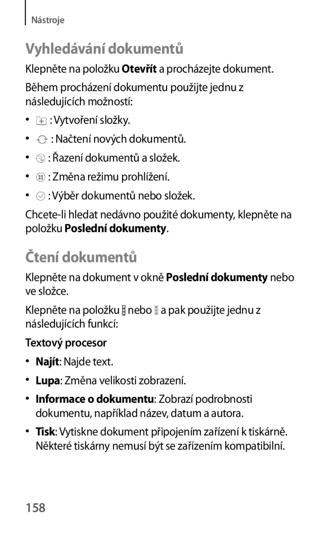 Samsung SM-T325NZWAXEZ, SM-T325NZKAXEZ, SM-T325NZKAXEO manual Vyhledávání dokumentů, Čtení dokumentů, 158, Textový procesor 