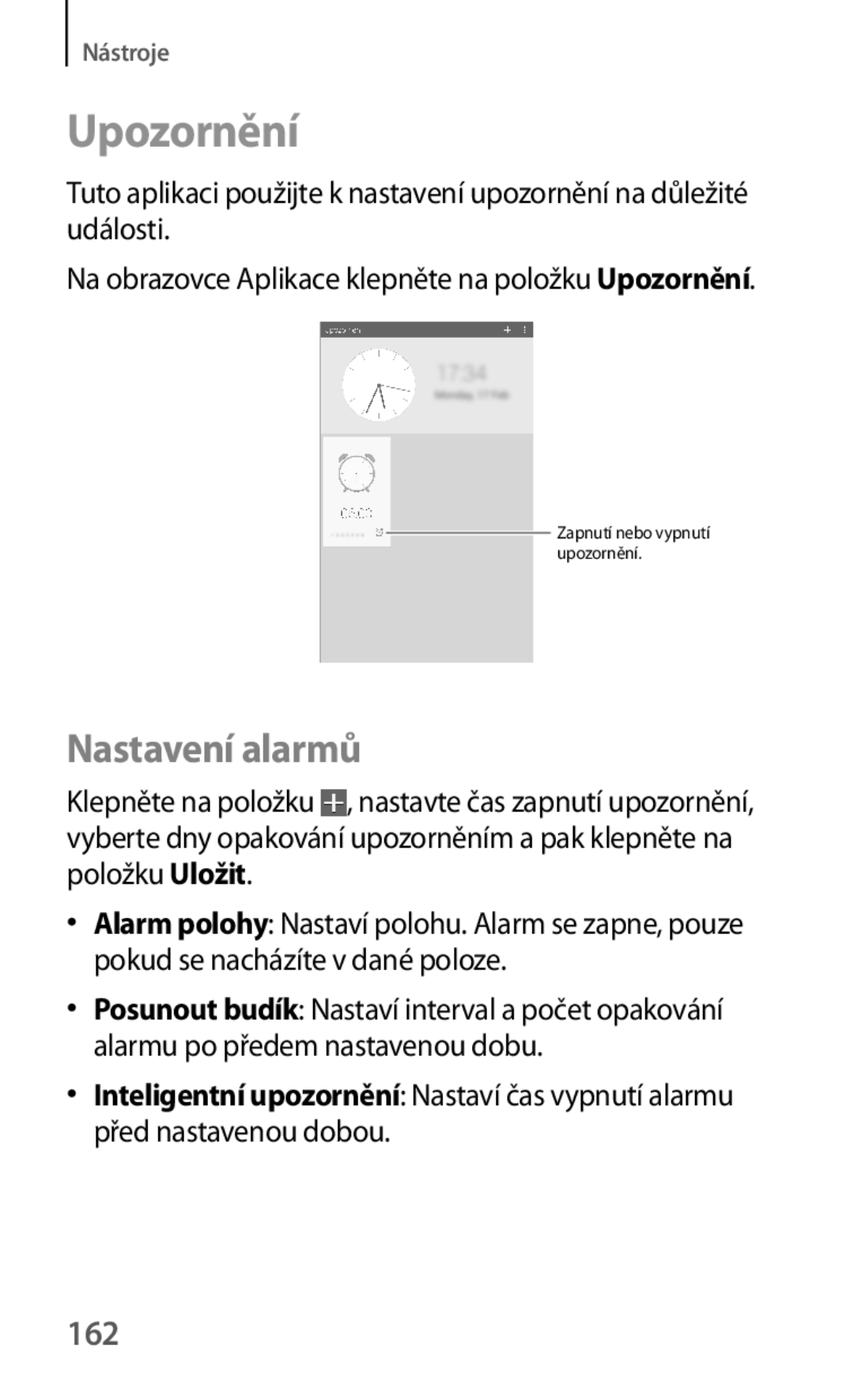 Samsung SM-T325NZKAXEZ, SM-T325NZKAXEO, SM-T325NZWAXEZ manual Upozornění, Nastavení alarmů, 162 